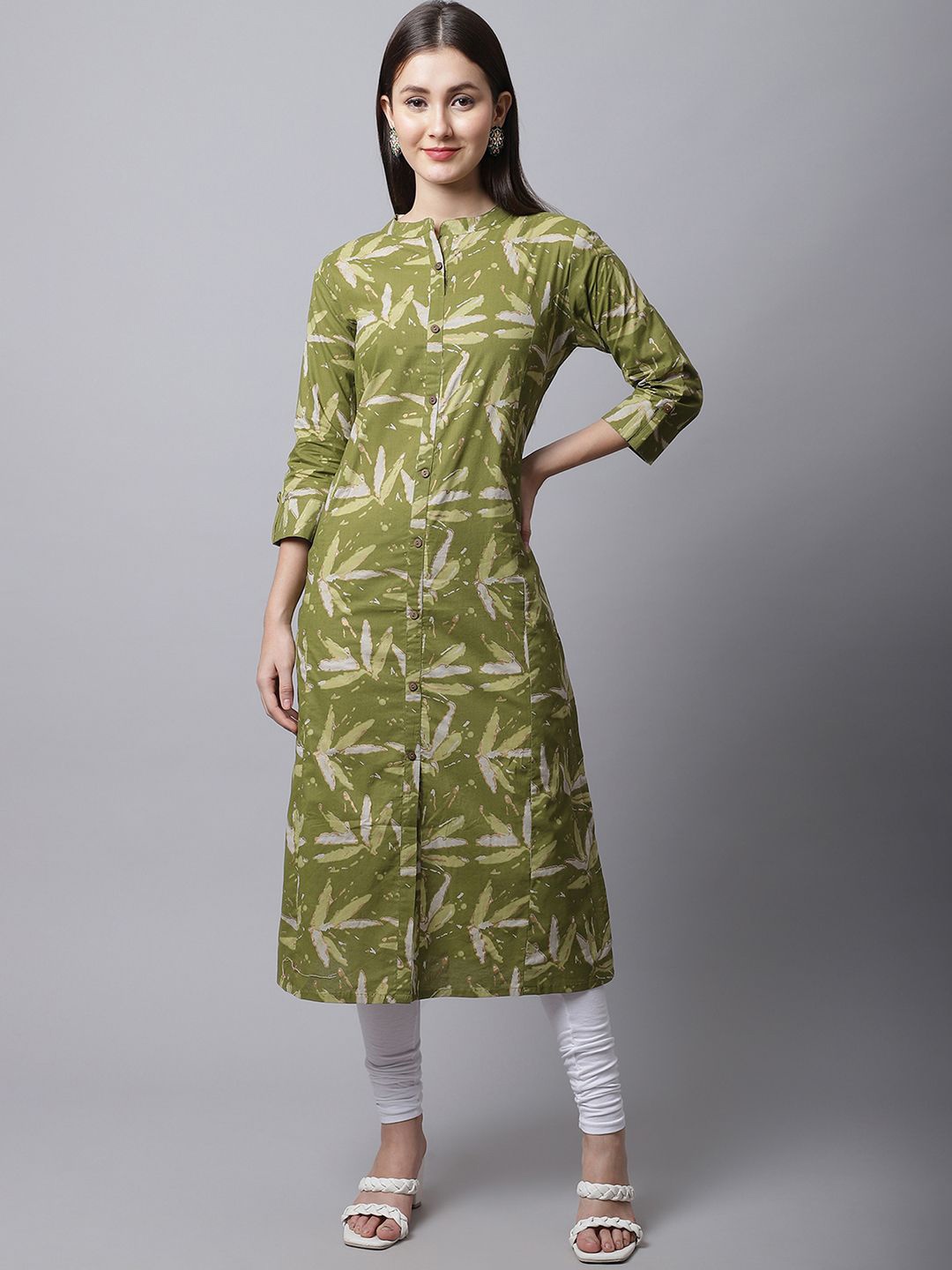 

Pistaa Floral Printed Mandarin Collar Cotton A-Line Kurta, Green