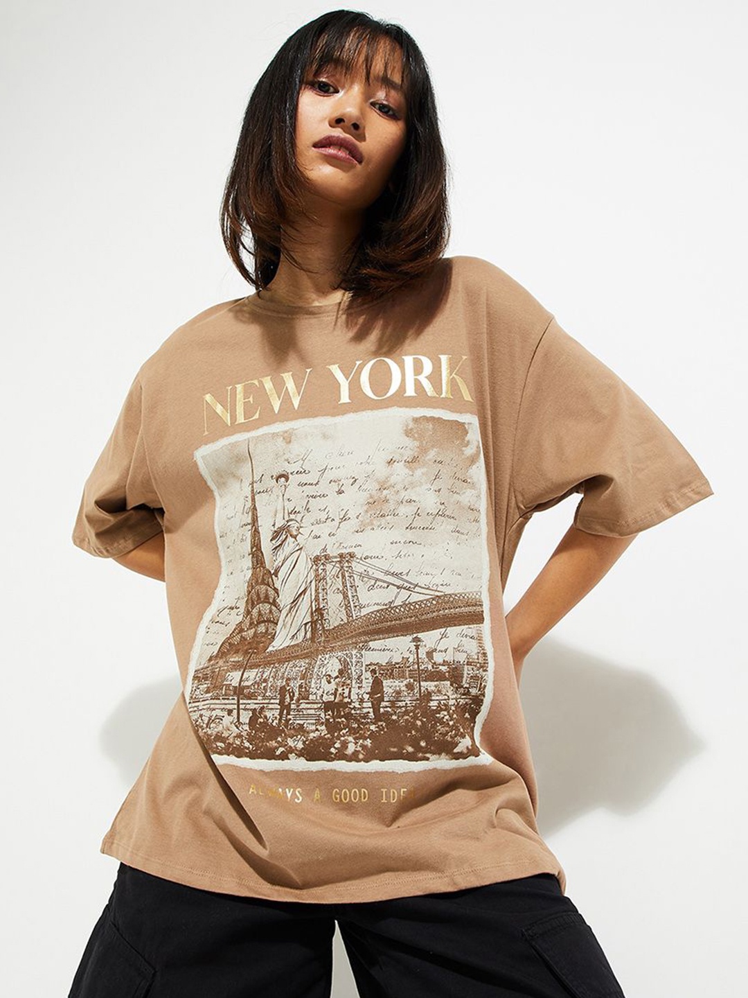 

max URB_N Women Oversized Graphic Printed T-shirt, Brown
