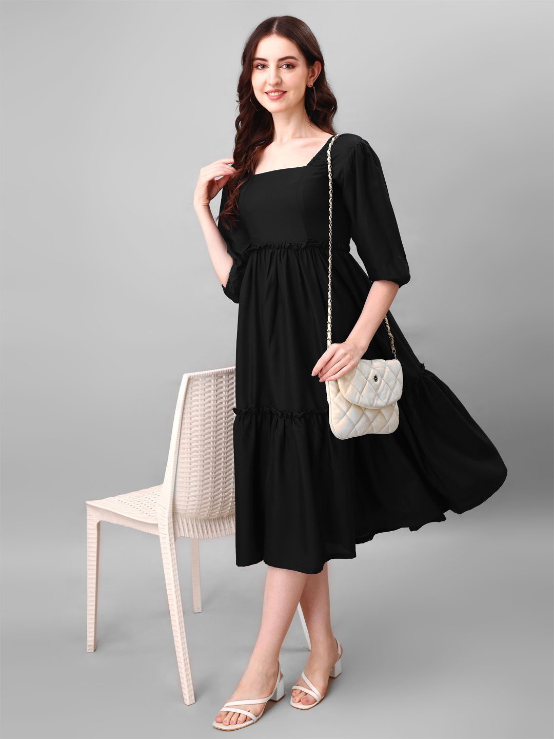 

Raiyani Enterprise Women Crepe Fit & Flare Tiered Midi Dress, Black