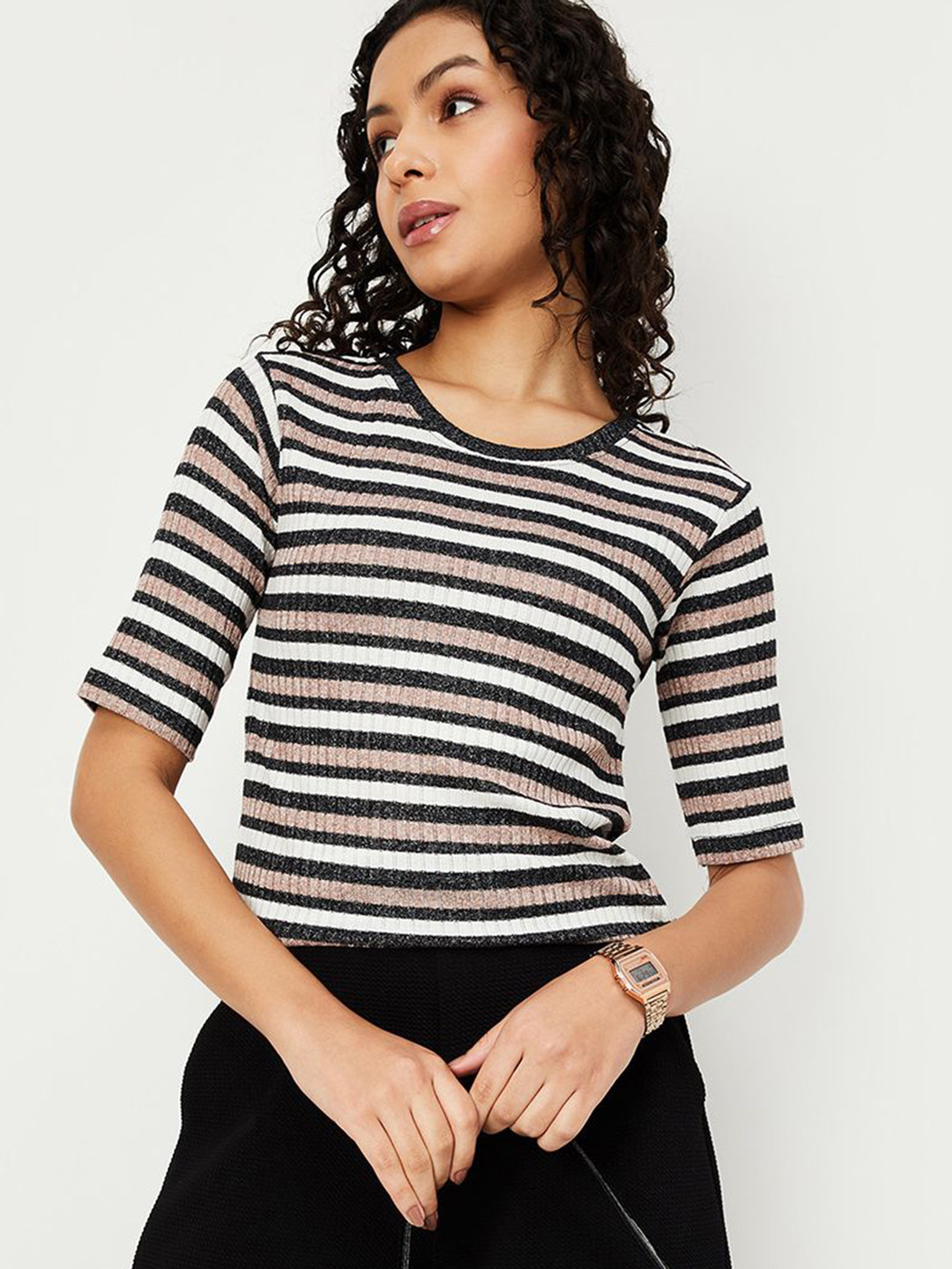 

max Women Striped Printed Round Neck Cotton T-shirt, Brown