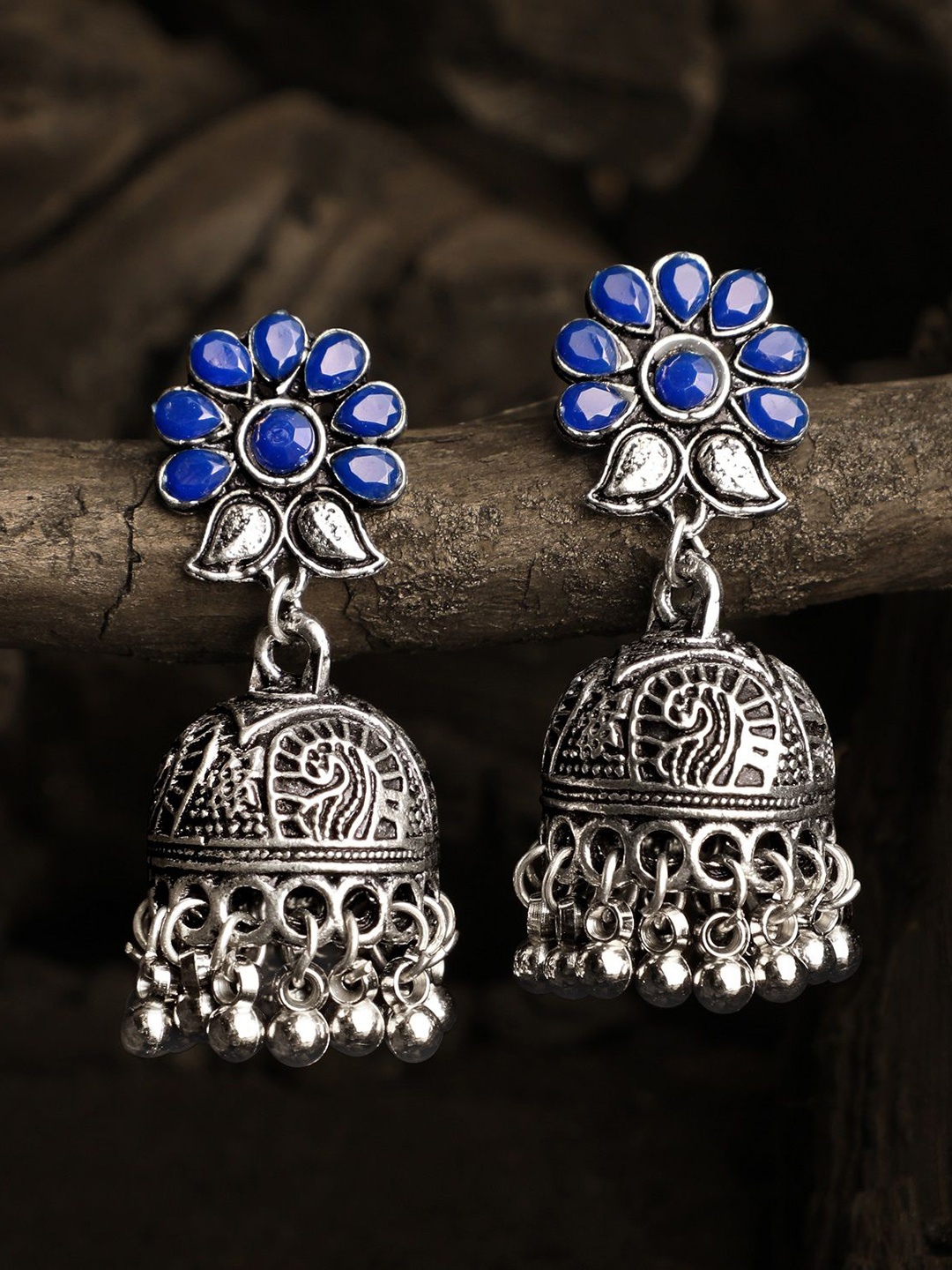 

Stefan Rhodium-Plated Stone Studded Dome Shaped Oxidised Jhumkas, Silver