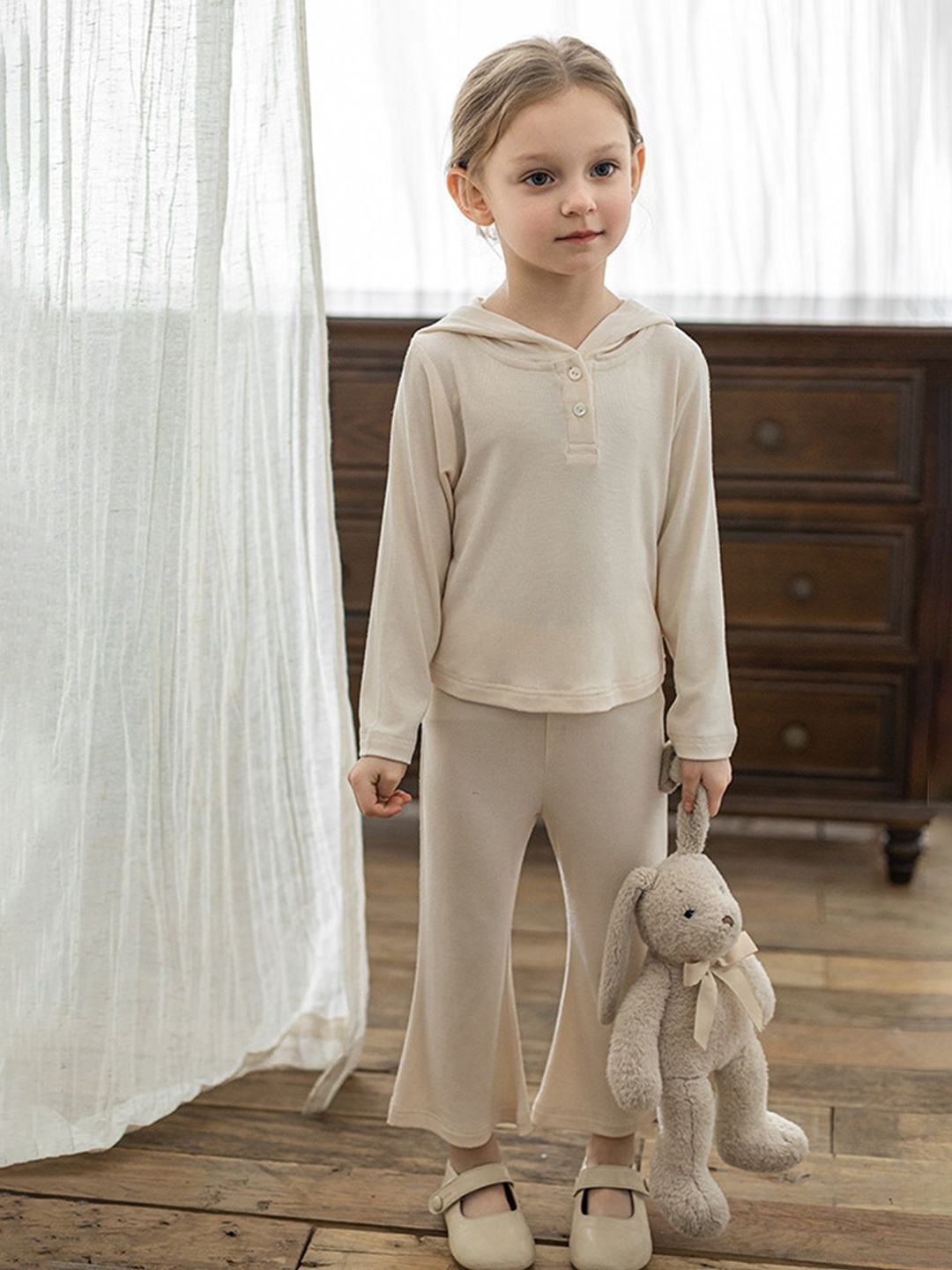 

LULU & SKY Girls Hooded Top With Flared Bottom Night suits, Beige