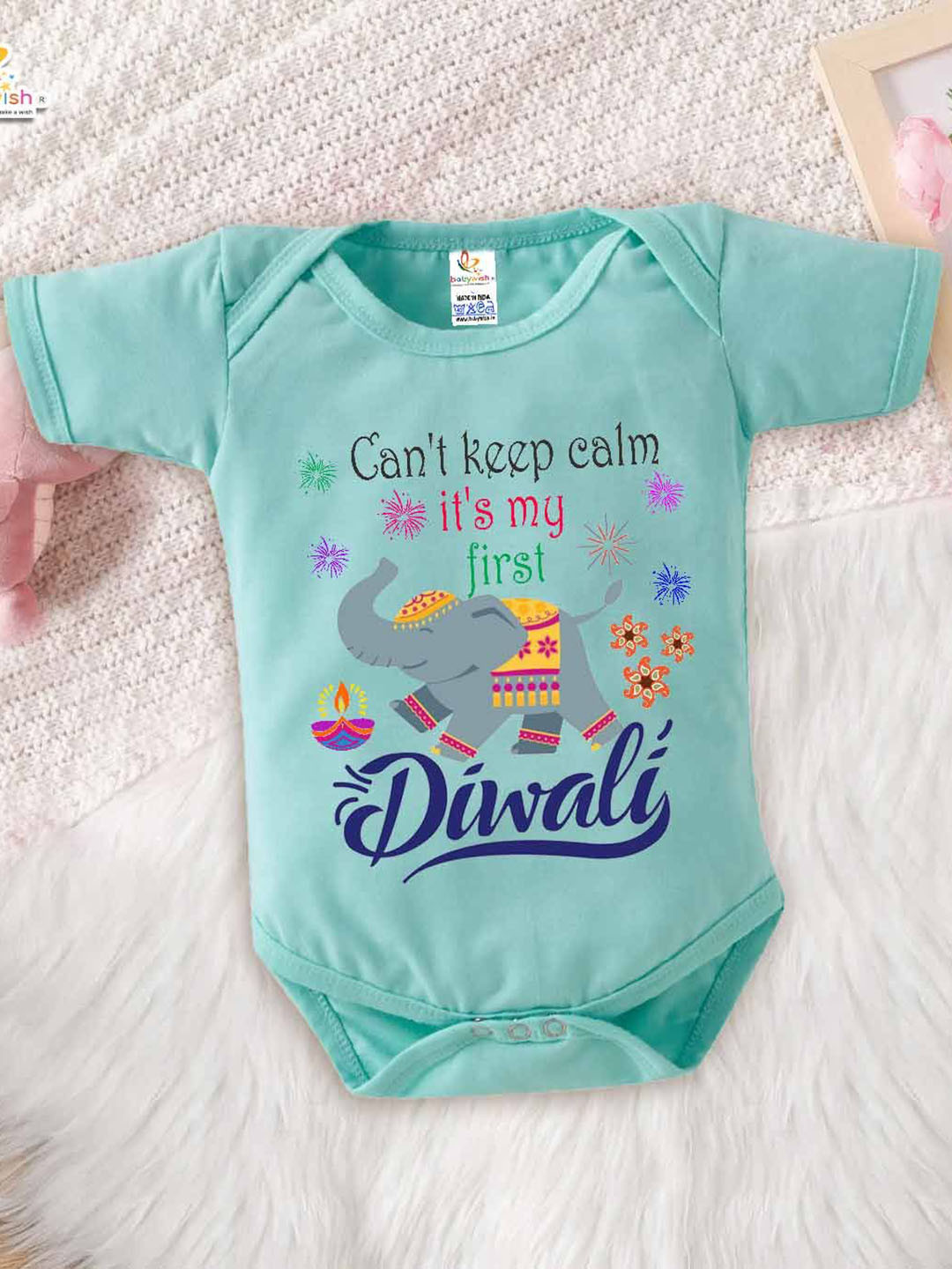 

Babywish Infants Diwali Special Printed Cotton Bodysuit, Sea green