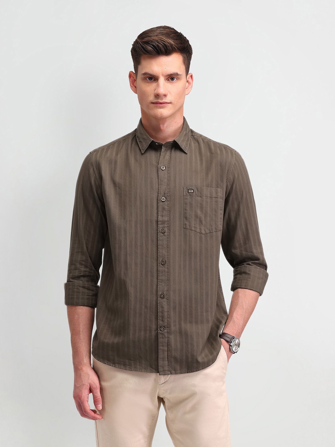 

Arrow Sport Men Manhattan Slim Fit Opaque Striped Casual Shirt, Brown