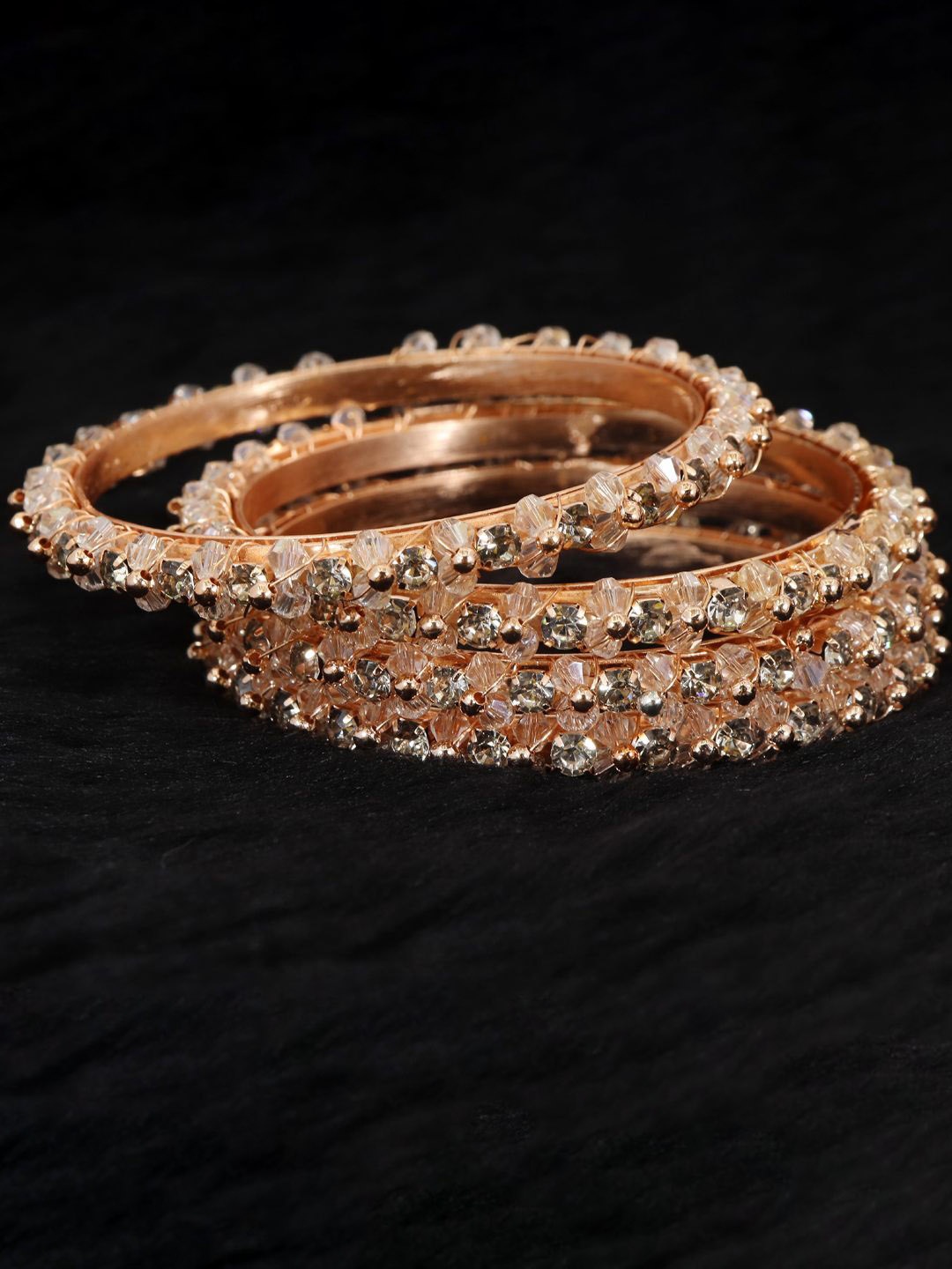 

ZULKA Set Of 4 Rose Gold-Plated American Diamond & Beaded Meenakari Bangles