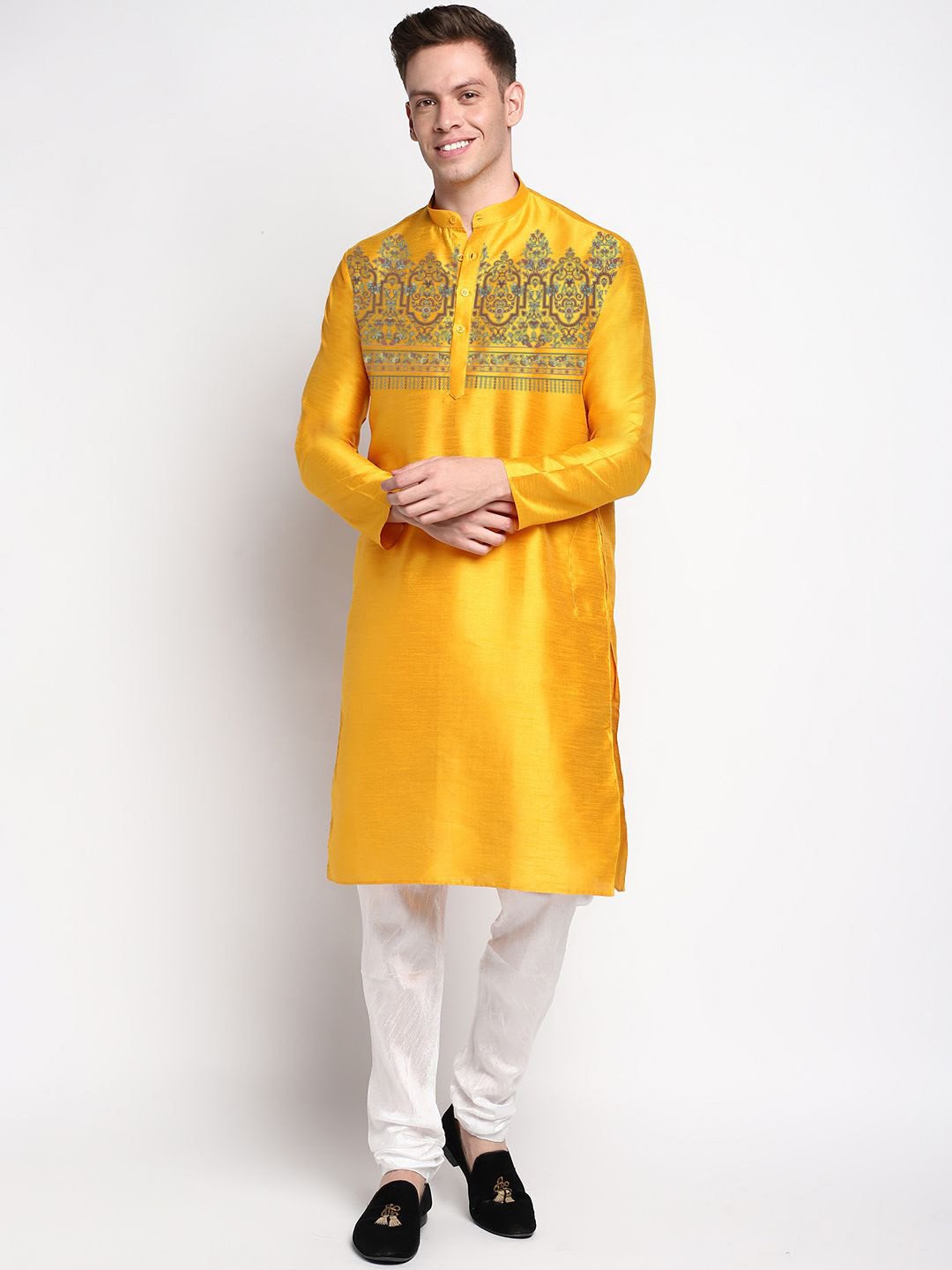 

DEVOILER Floral Printed Mandarin Collar Long Sleeves Straight Kurta, Yellow