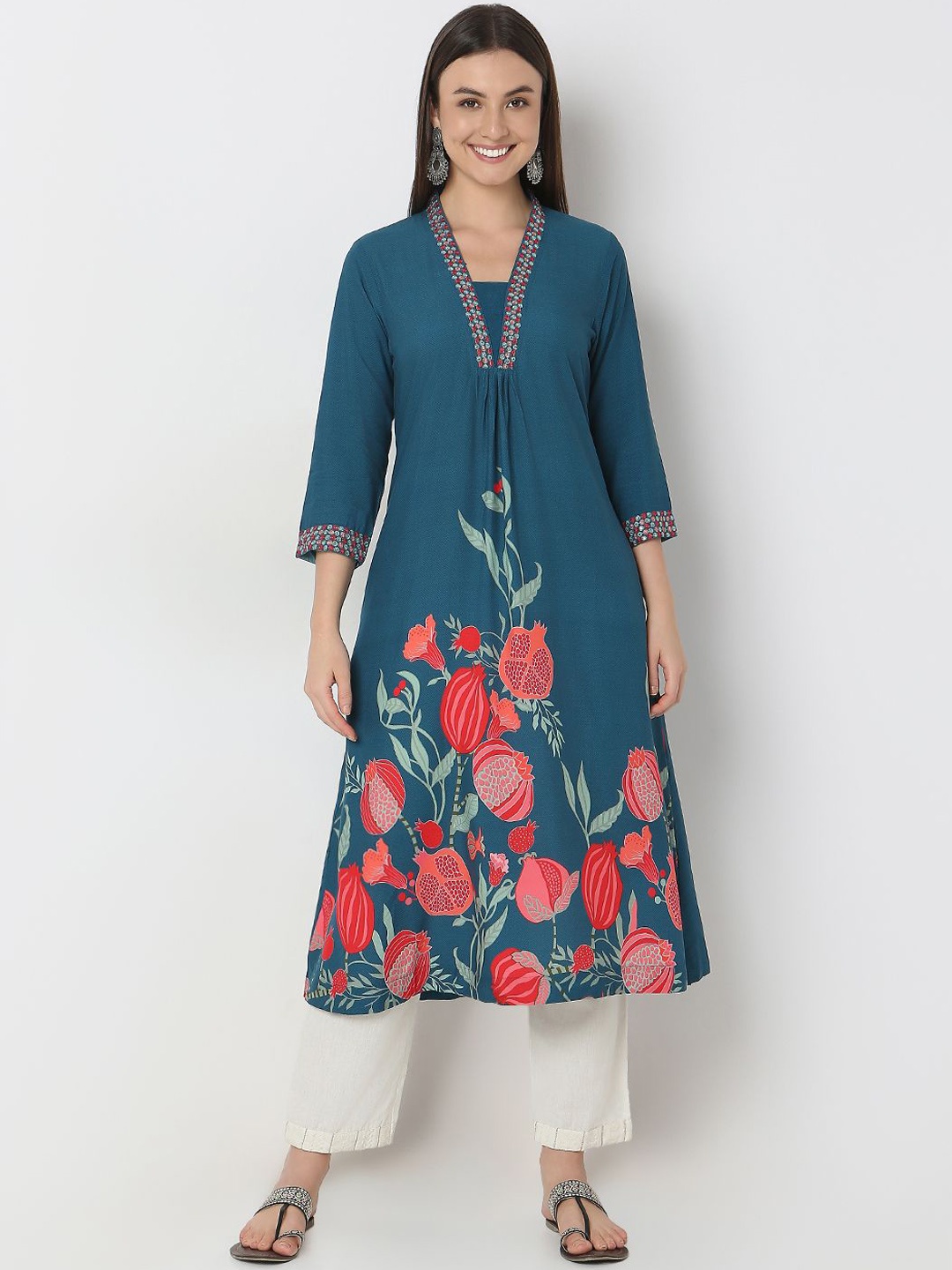 

Ethnicity Floral Printed Thread Work Square Neck A-Line Kurta, Blue