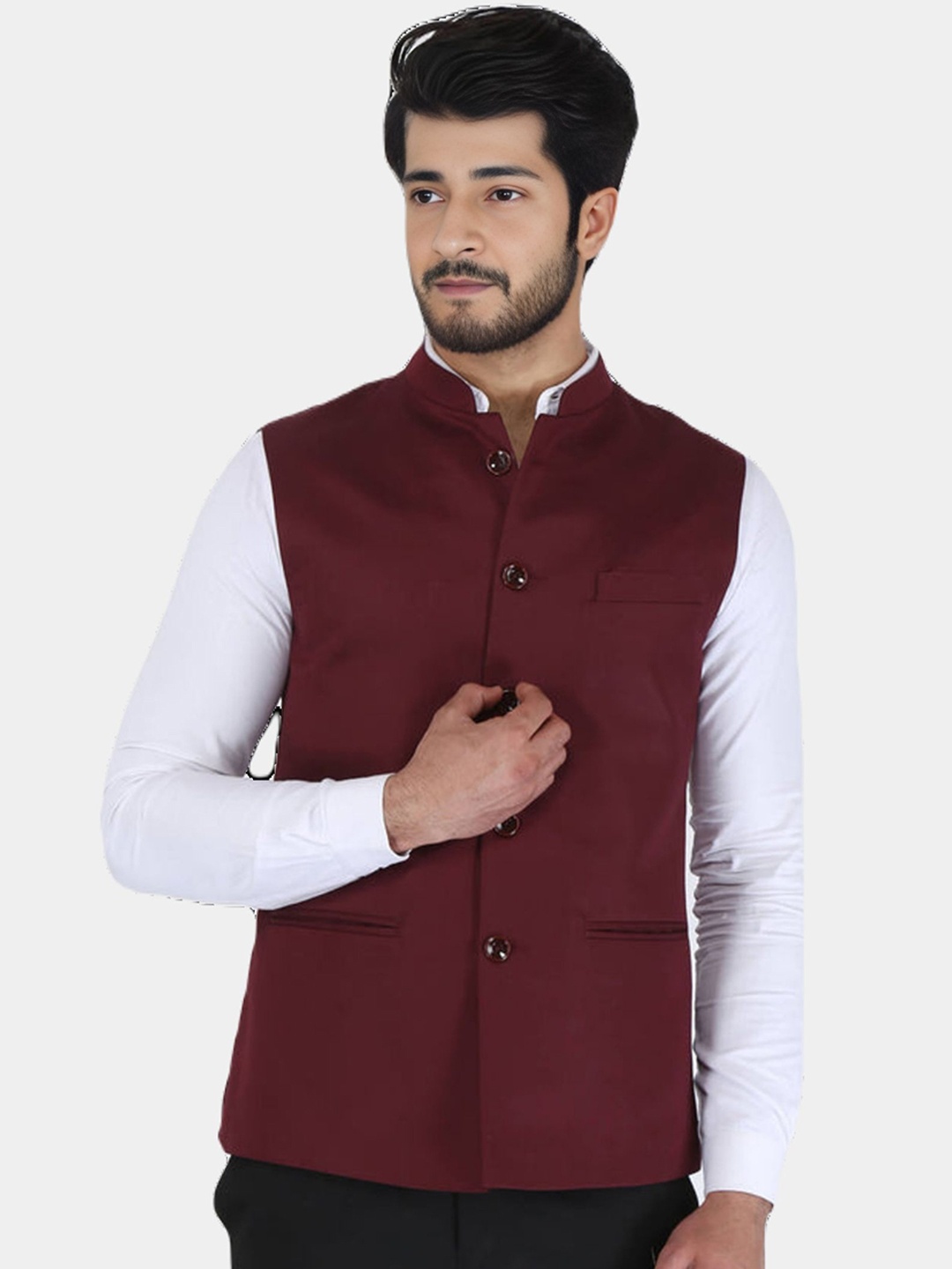 

BAESD Mandarin Collar Satin Nehru Jacket, Maroon