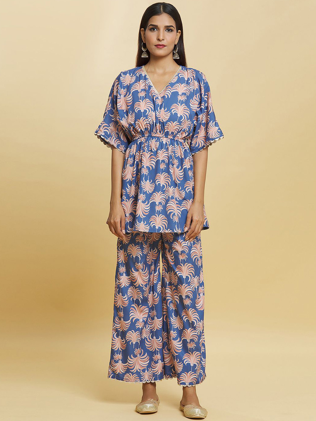 

Adara Khan Women Floral Printed Angrakha Kurti with Palazzos, Blue