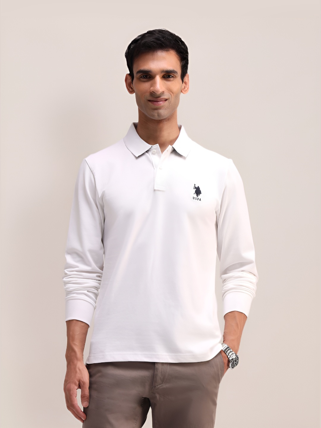 

U.S. Polo Assn. Men Solid Polo Collar Cotton Slim Fit T-shirt, White