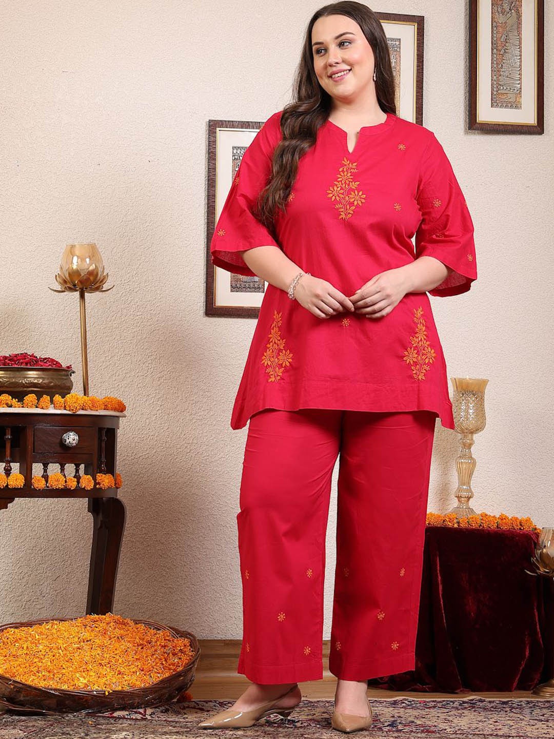 

Sringam Chikankari Embroidered Mandarin Collar Pure Cotton Top With Trouser, Pink