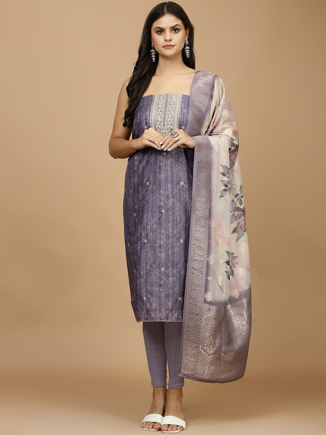 

Meena Bazaar Zari Sequinned Embroidered Art Silk Unstitched Dress Material, Grey