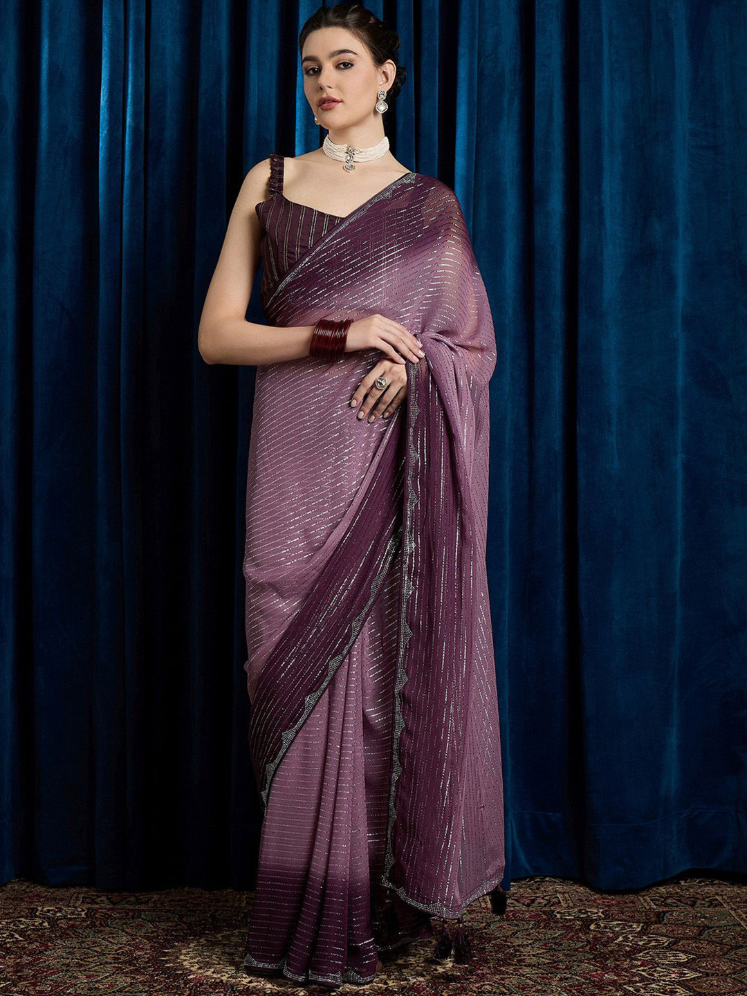 

Anouk Women Embellished Beads and Stones Saree, Purple