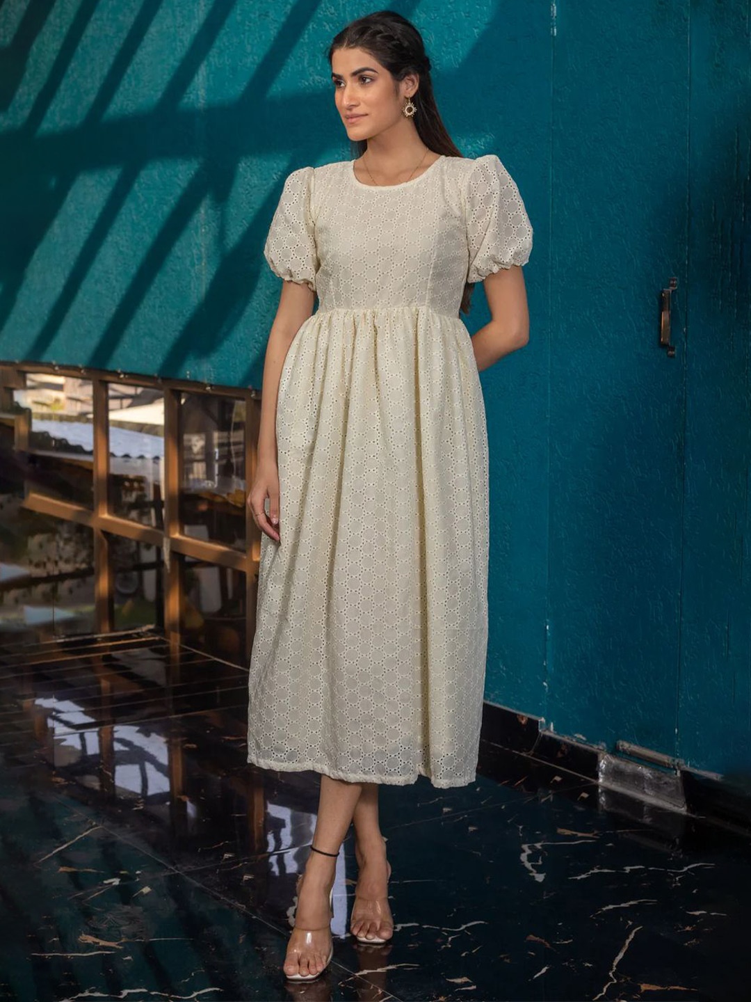 

SUKITI Women Cotton Puff Sleeves Fit and Flare Midi Dress, White