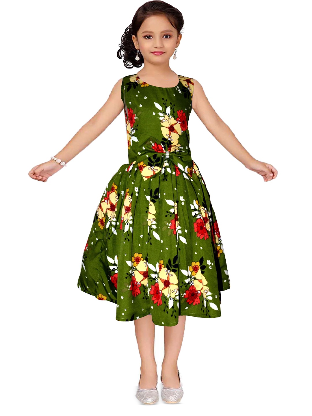 

Wish little Girls Floral Printed A-Line Dress with Bow, Olive