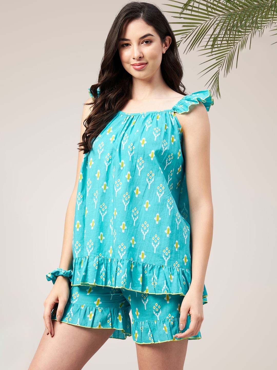 

WineRed Women Pure Cotton Geomatric Printed Night suit, Blue