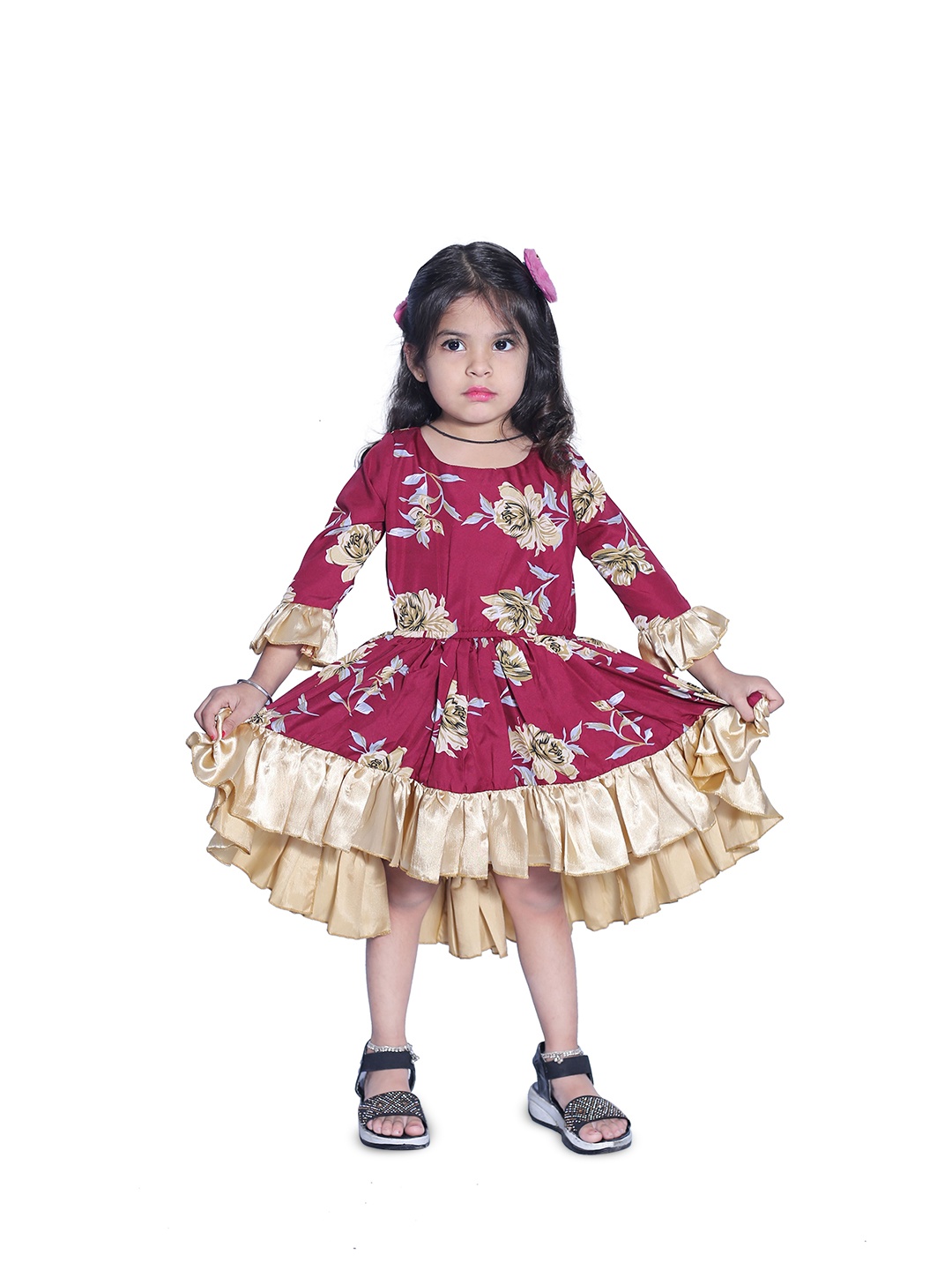 

Wish little Girls Floral Bell Sleeve A-Line Dress, Maroon