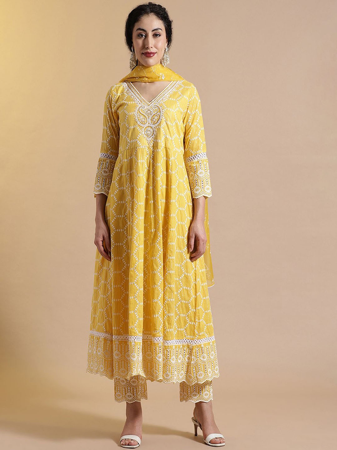 

Anouk Floral Embroidered Thread Work Pure Cotton Anarkali Kurta with Trousers & Dupatta, Yellow