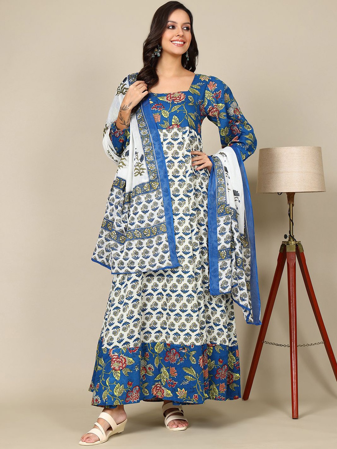 

KALINI Floral Printed Cotton Anarkali Kurta With Dupatta, Blue