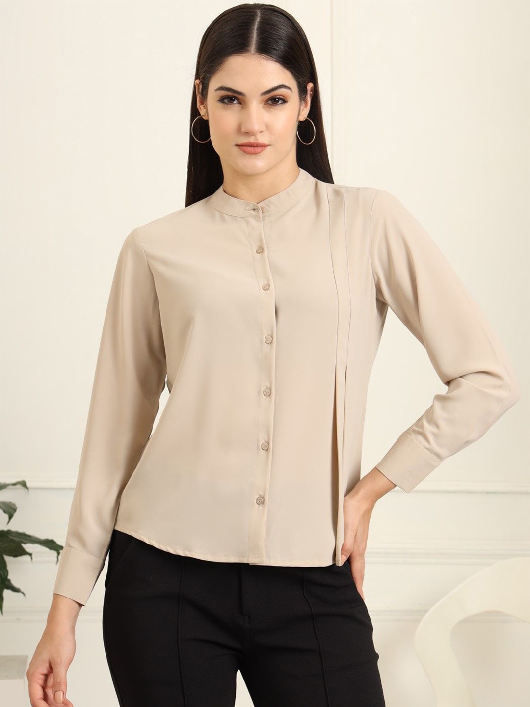 

FITHUB Women Band Collar Solid Casual Shirt, Cream