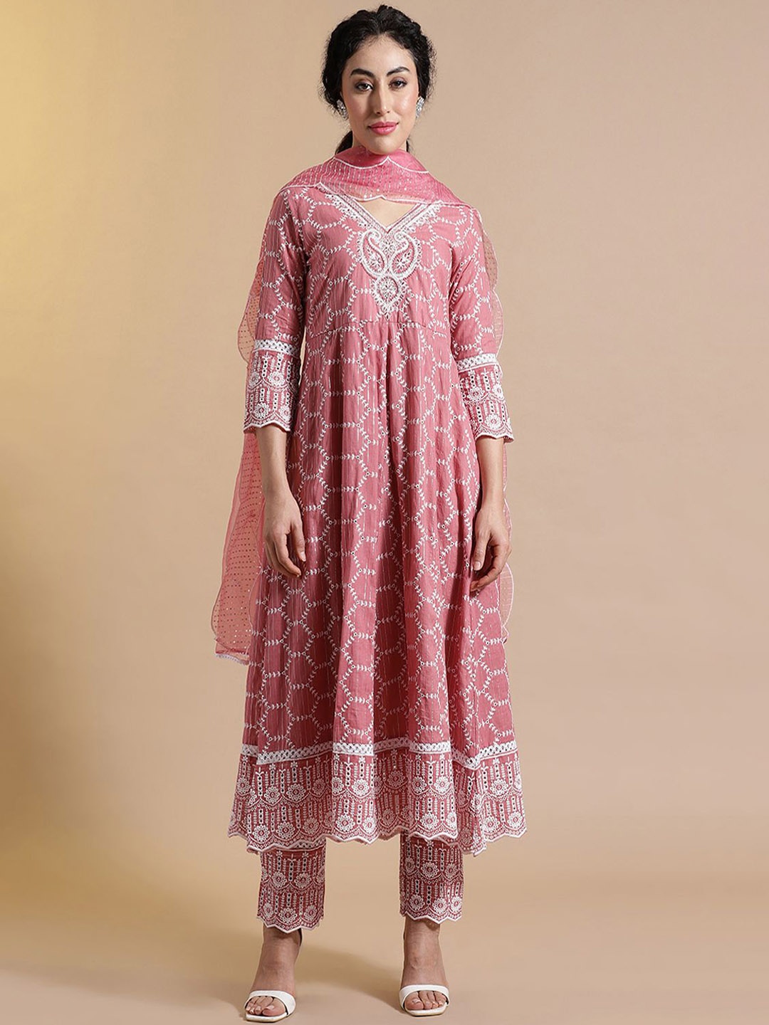 

Anouk Floral Embroidered Thread Work Pure Cotton Anarkali Kurta with Trousers & Dupatta, Pink