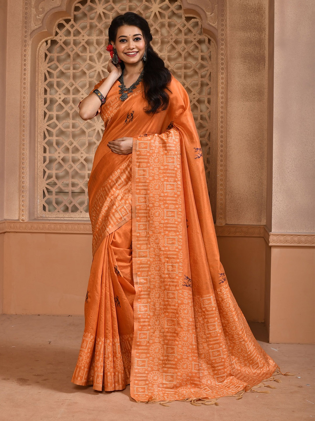 

Jinal & Jinal Woven Design Zari Pure Silk Banarasi Saree, Orange