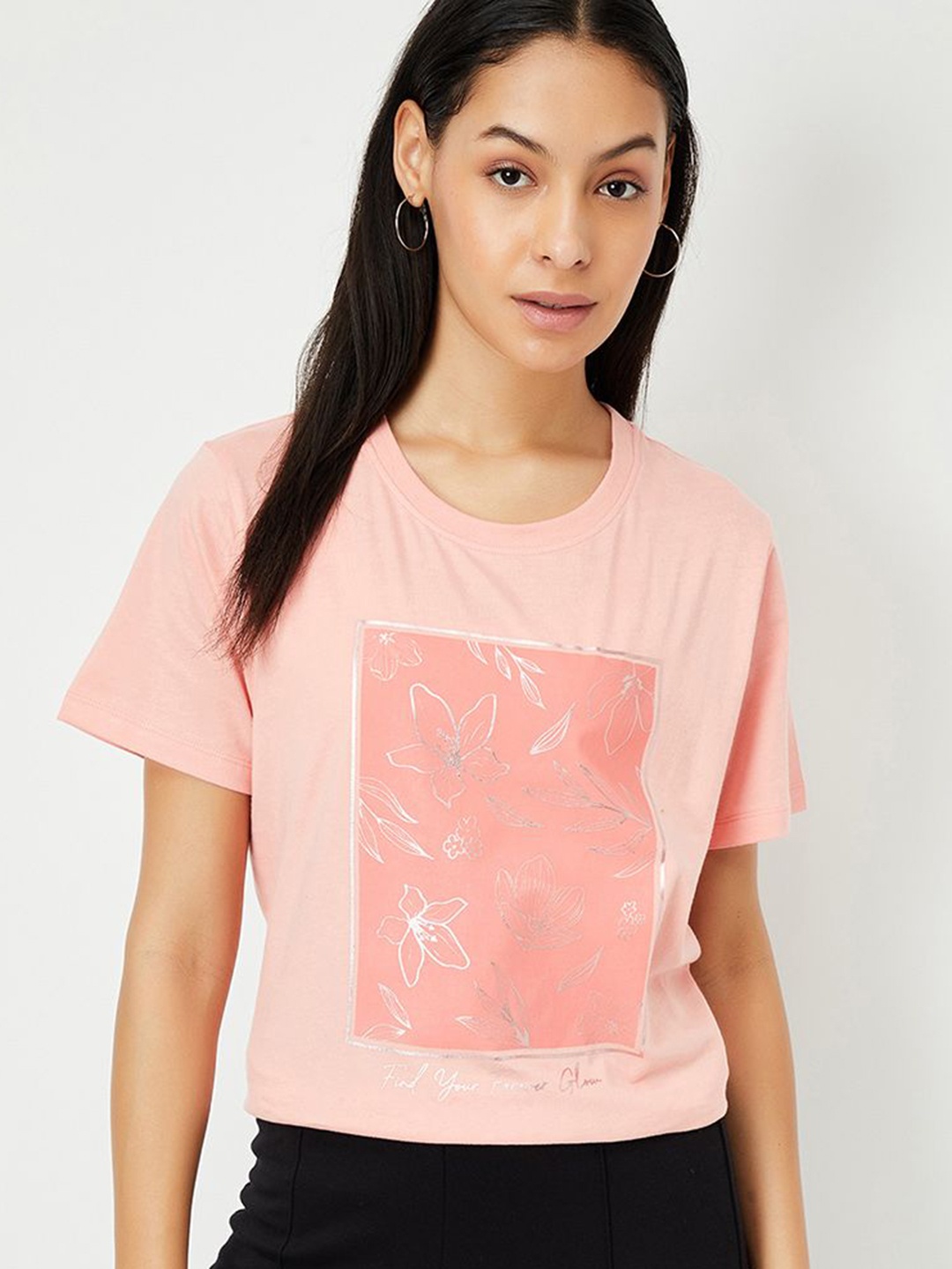 

max Women Graphic Printed Round Neck Cotton T-shirt, Pink
