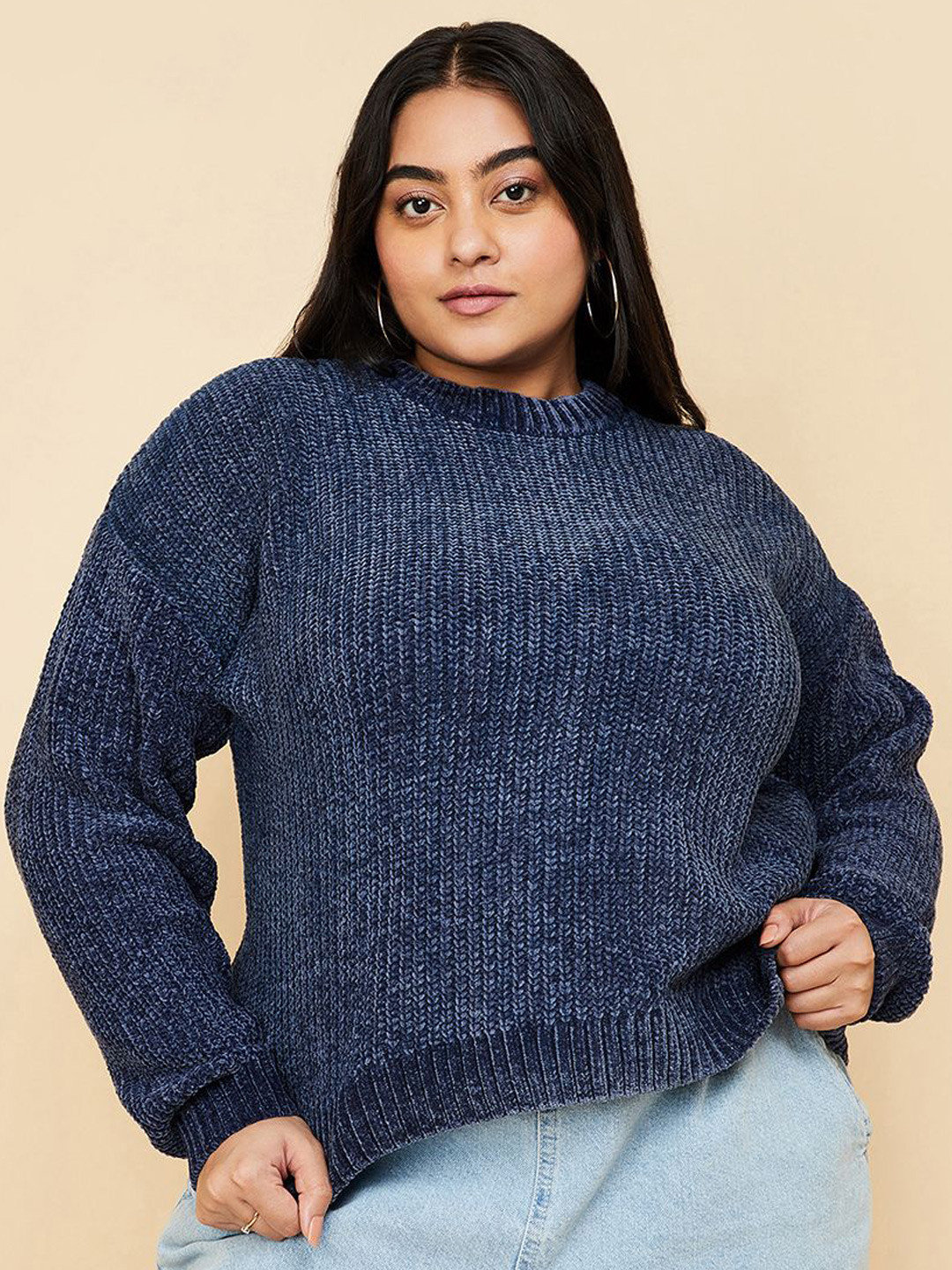 

max Women Round Neck Cable Knit Pullover, Navy blue