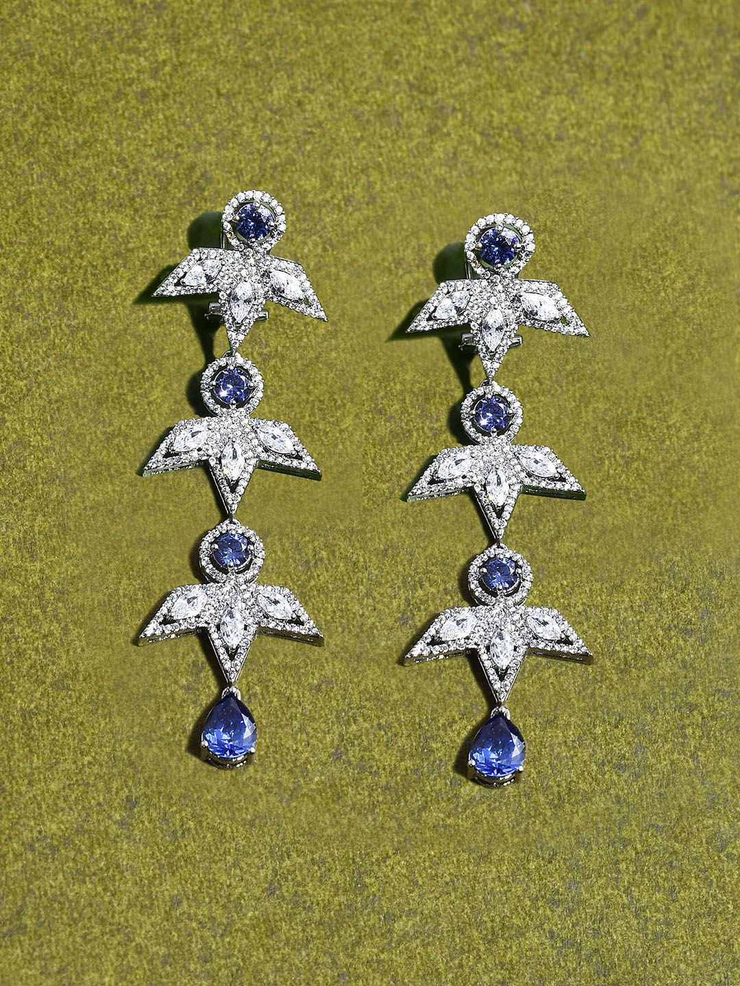 

Voylla Before Sunrise Indra Rhodium Plated Stones Studded Contemporary Drop Earrings, Silver
