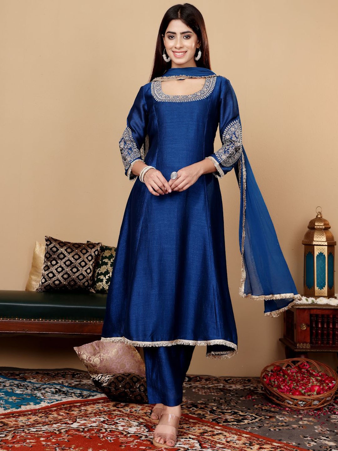 

Varanga Teal Blue Floral Embroidered Round Neck Anarkali Kurta With Trousers & Dupatta