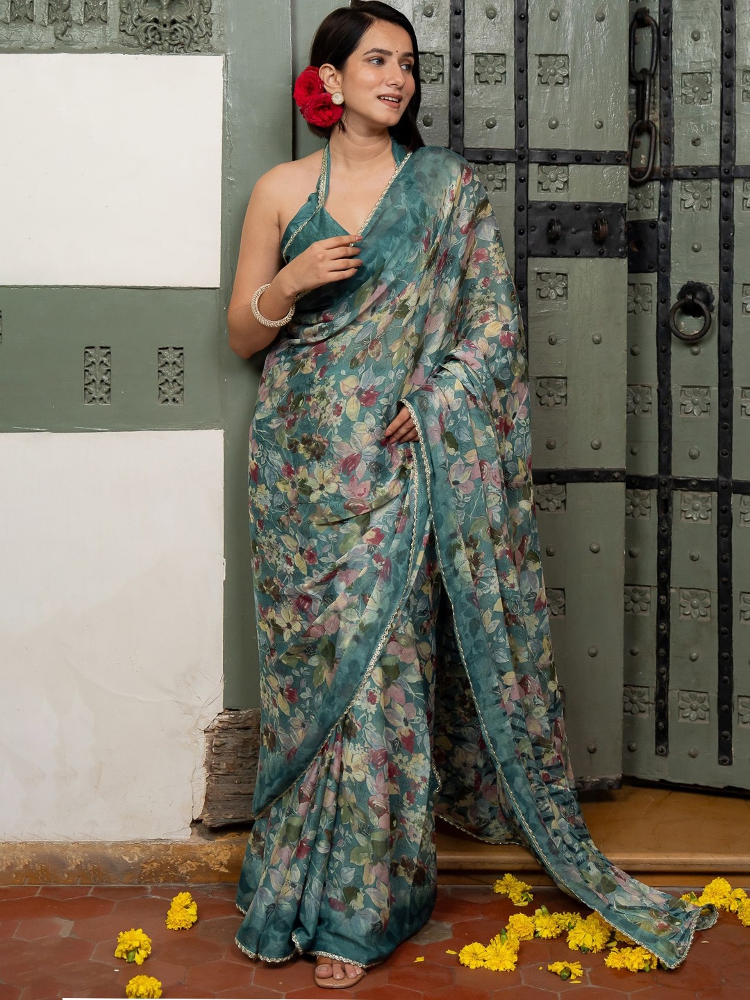 

MIRCHI FASHION Floral Printed Sequinned Saree, Turquoise blue