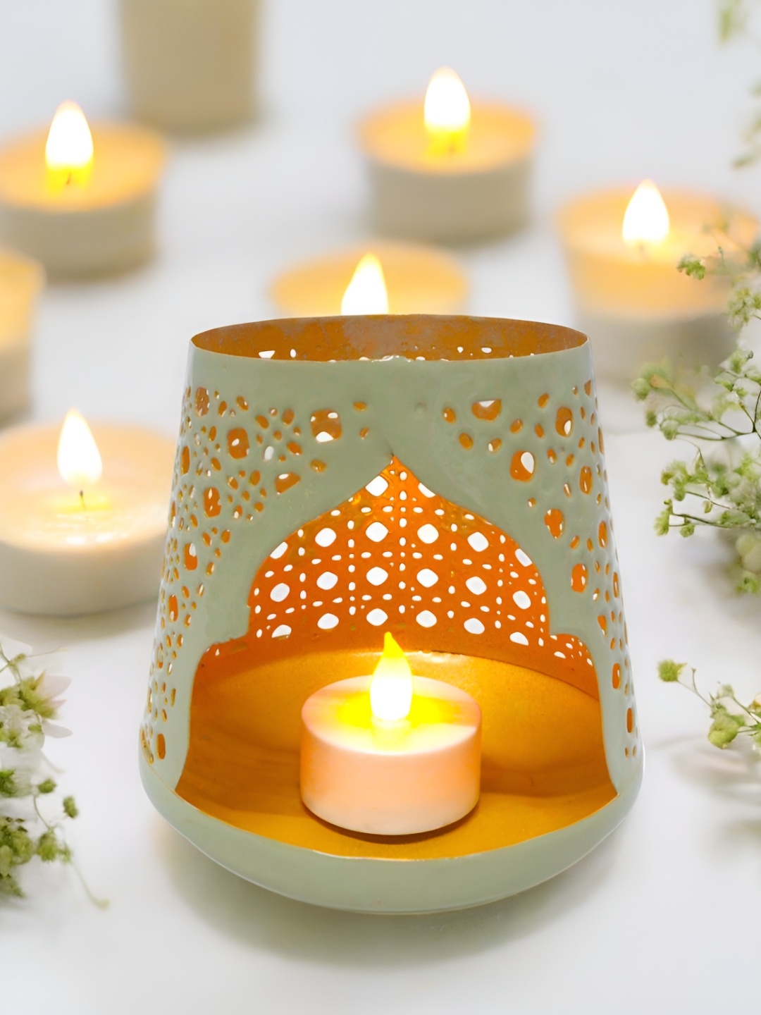 

Extreme Karigari Olive Green Textured Metal Decorative Lanterns Candle Holder