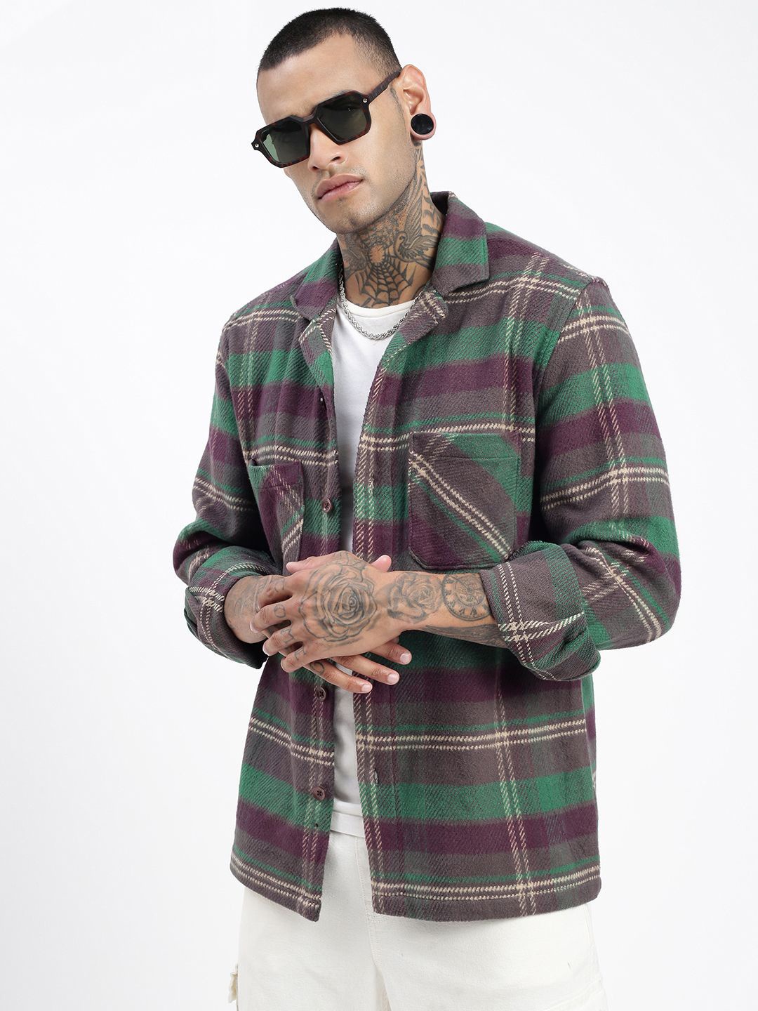

SHOWOFF Men Comfort Cuban Collar Checked Cotton Casual Shirt, Green