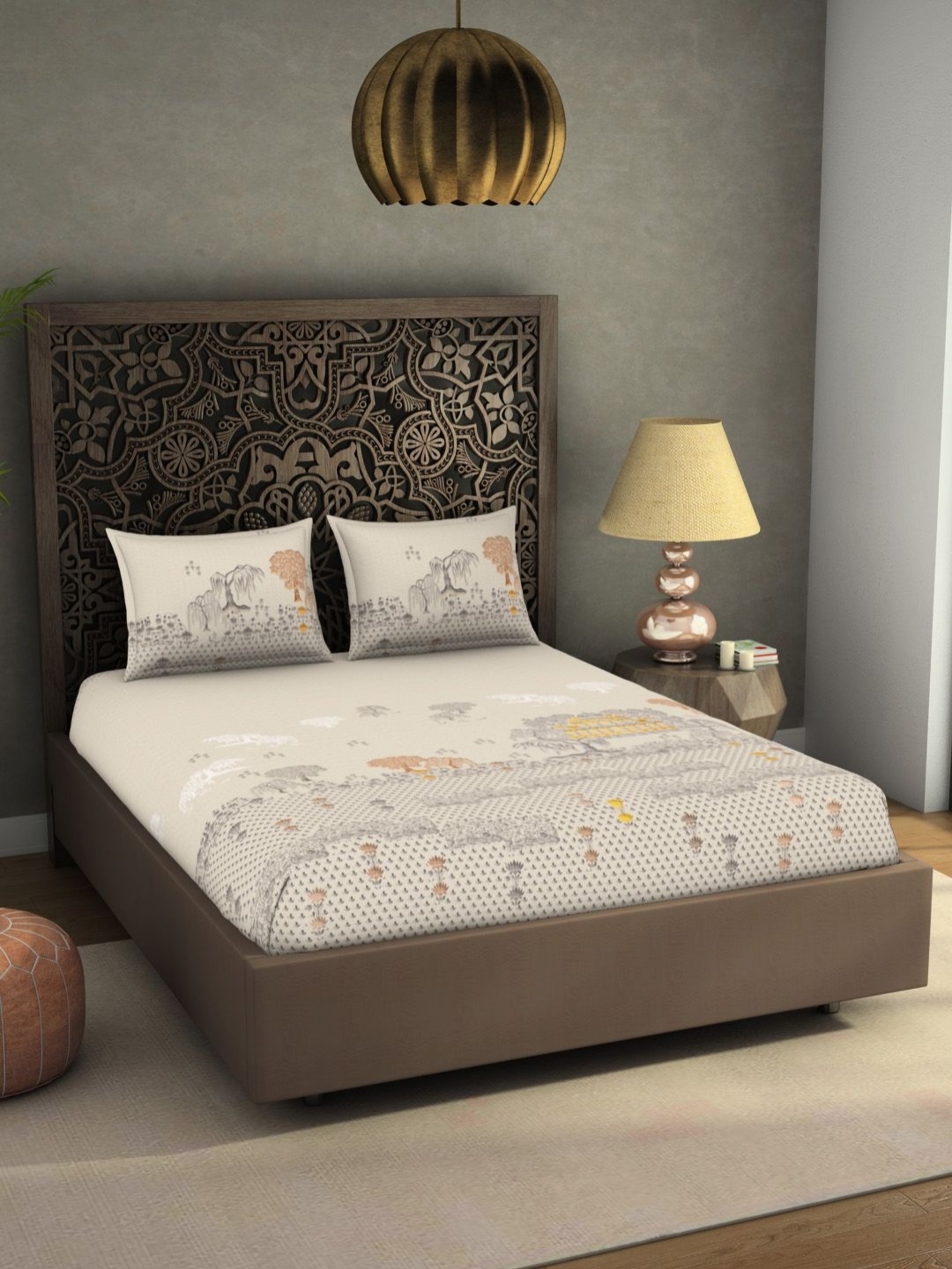

SPACES Beige & Grey Ethnic Motifs Pure Cotton 300 TC King Bedsheet Set 2.74 m x 2.74 m