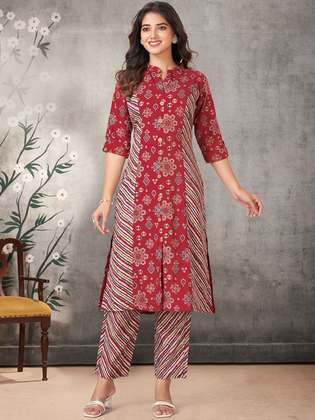 

KALINI Floral Printed Mandarin Collar Straight Kurta with Trousers, Red