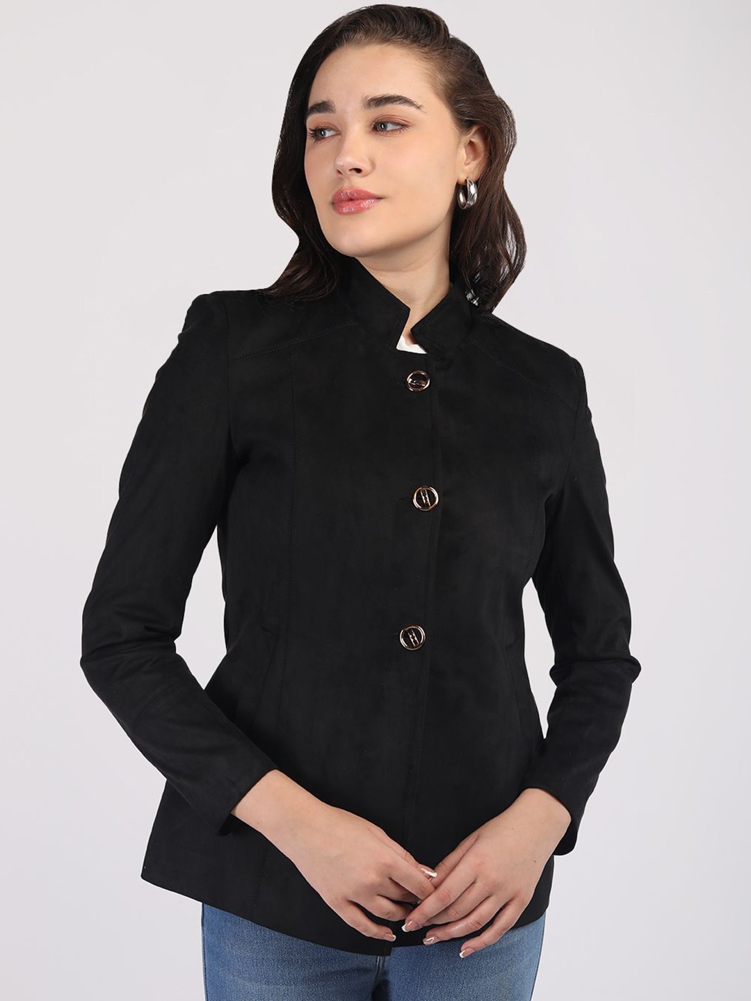 

PROTEX Women Winter Wear Stand Collar Single-Breasted Overcoat, Black