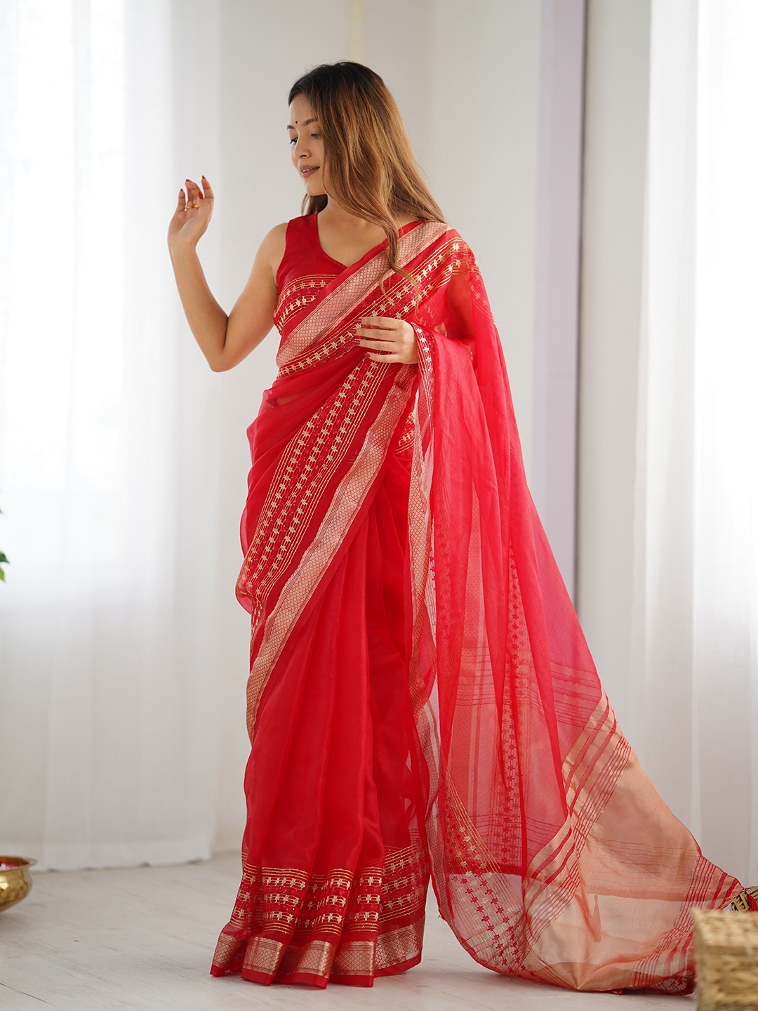 

KALINI Ethnic Motifs Zari Khadi Organza Saree, Red