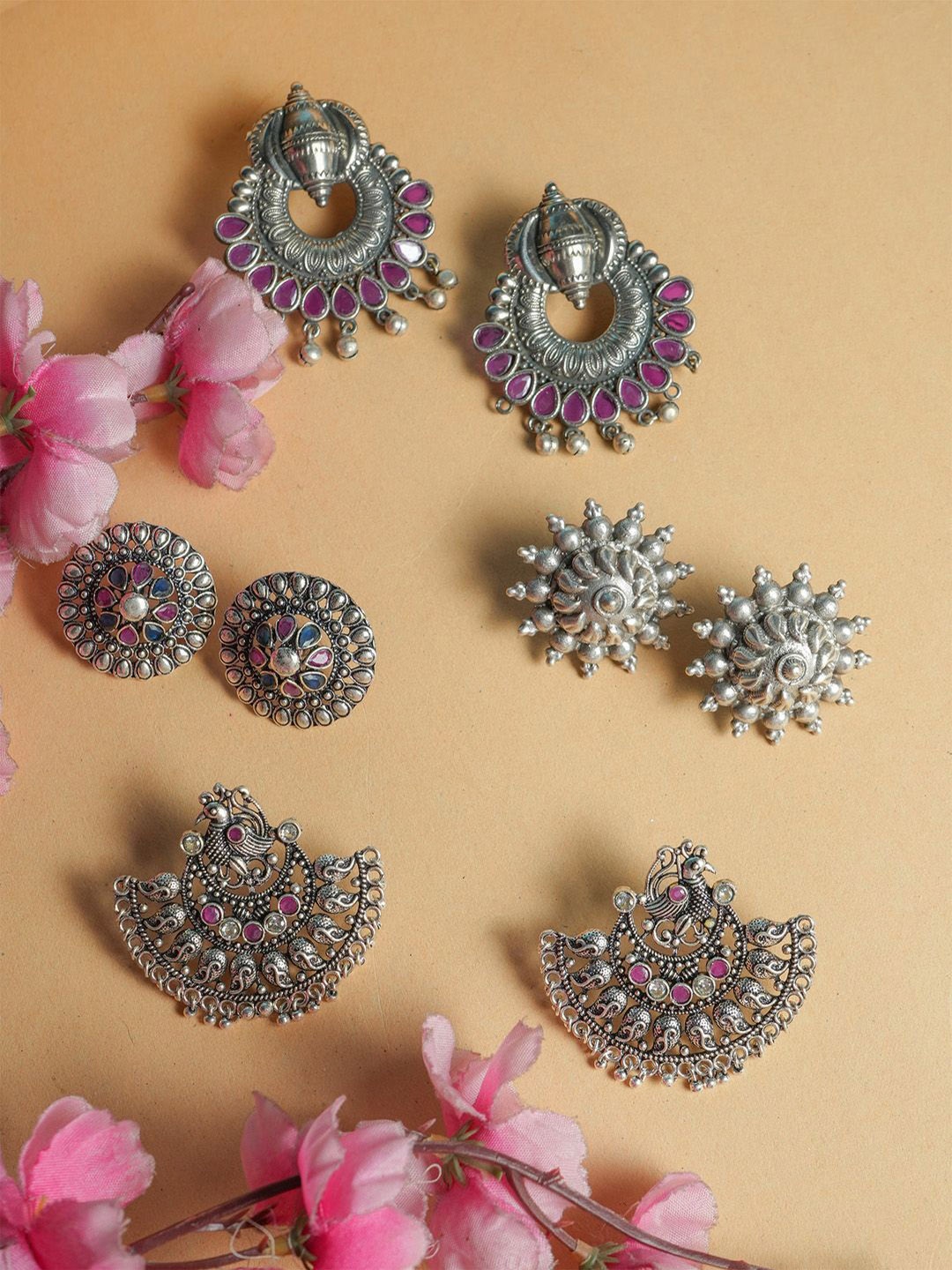 

VIRAASI Set of 4 Silver-Plated Oxidised Stone Studded Studs & Drop Earrings