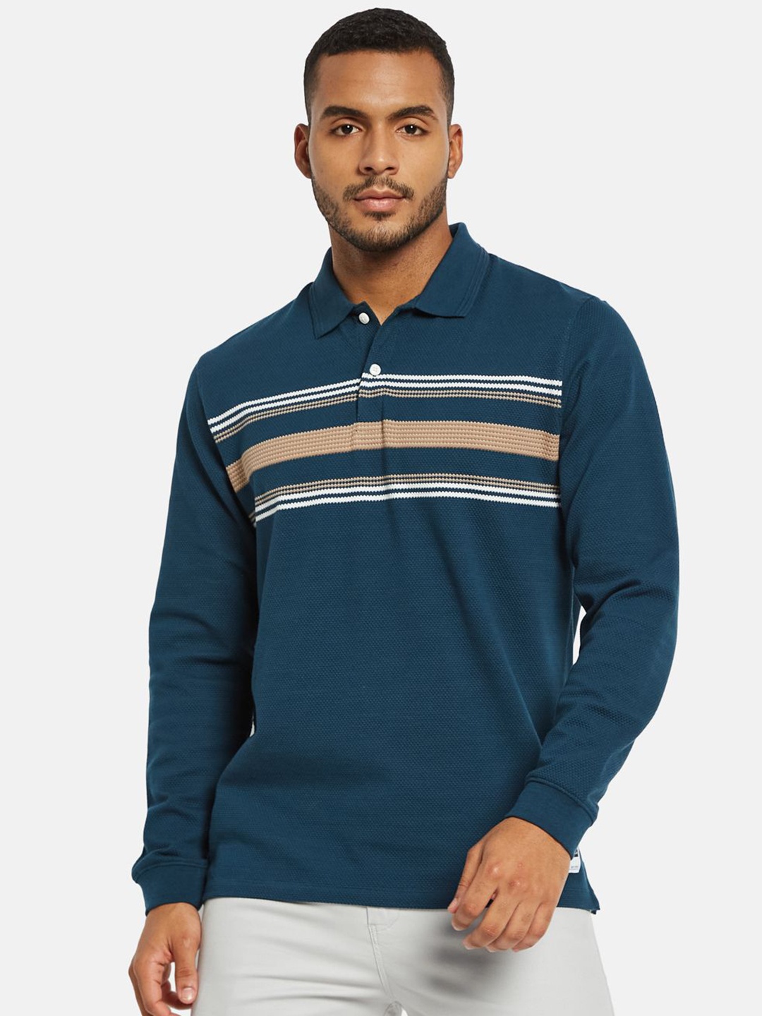 

METTLE Men Striped Polo Collar Cotton T-shirt, Teal