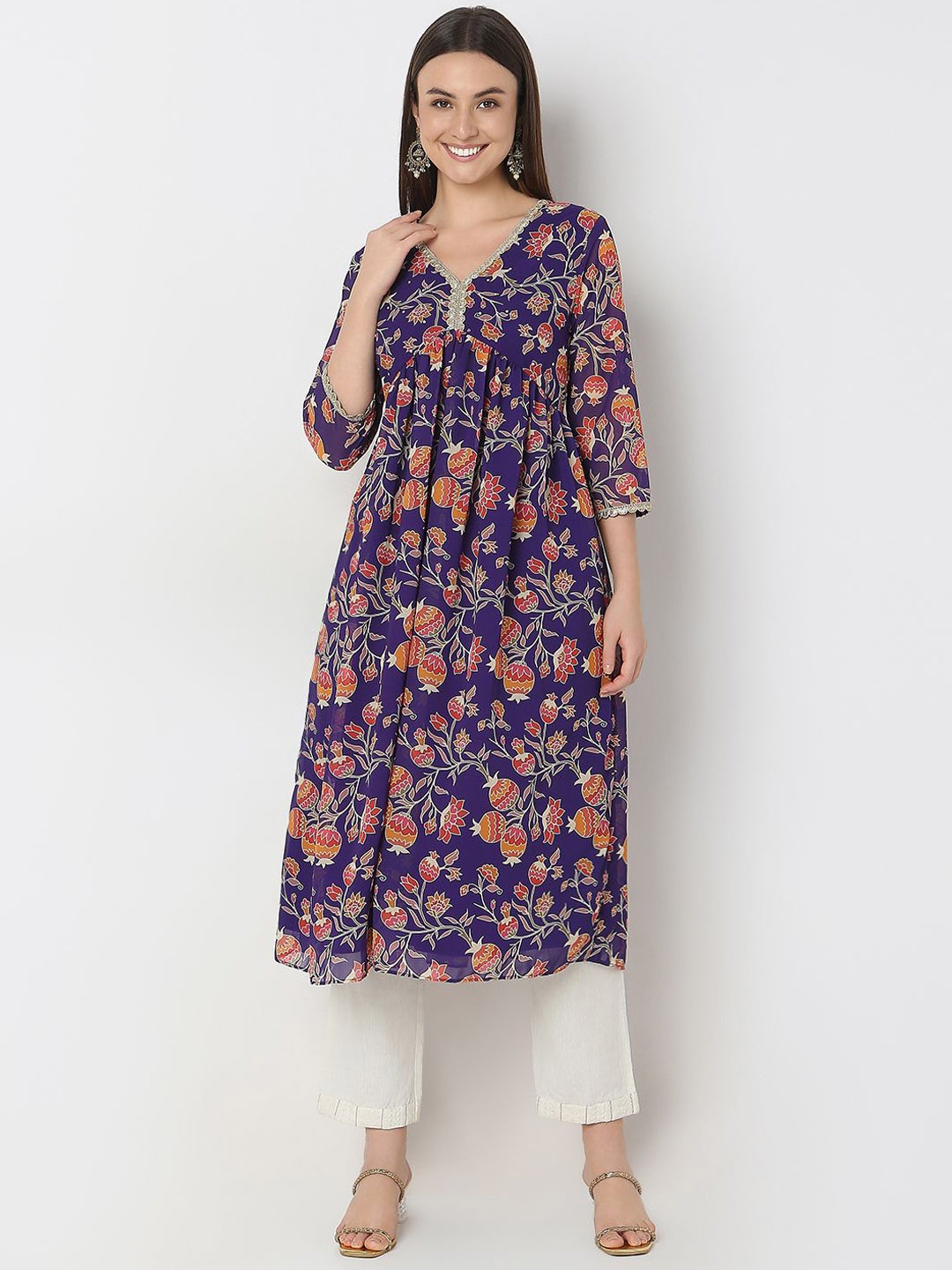 

Ethnicity Floral Printed V Neck Sequins A-Line Kurta, Purple