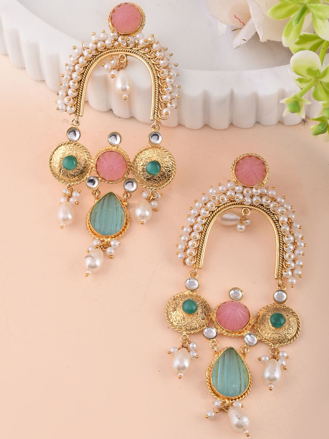 

Voylla Gold-Plated Contemporary Stone Stud Drop Earrings