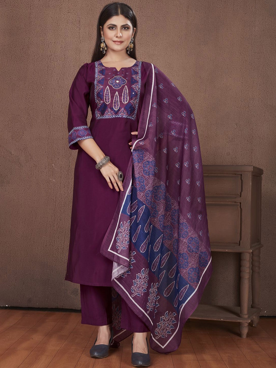 

STYLE SAMSARA Ethnic Motifs Yoke Design Regular Beads Work Kurta With Trouser With Dupatta, Purple