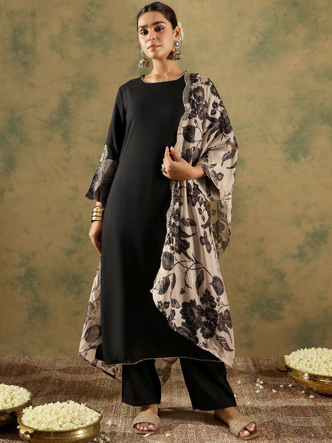 

Indo Era Round Neck Straight Kurta With Trousers & Dupatta, Black