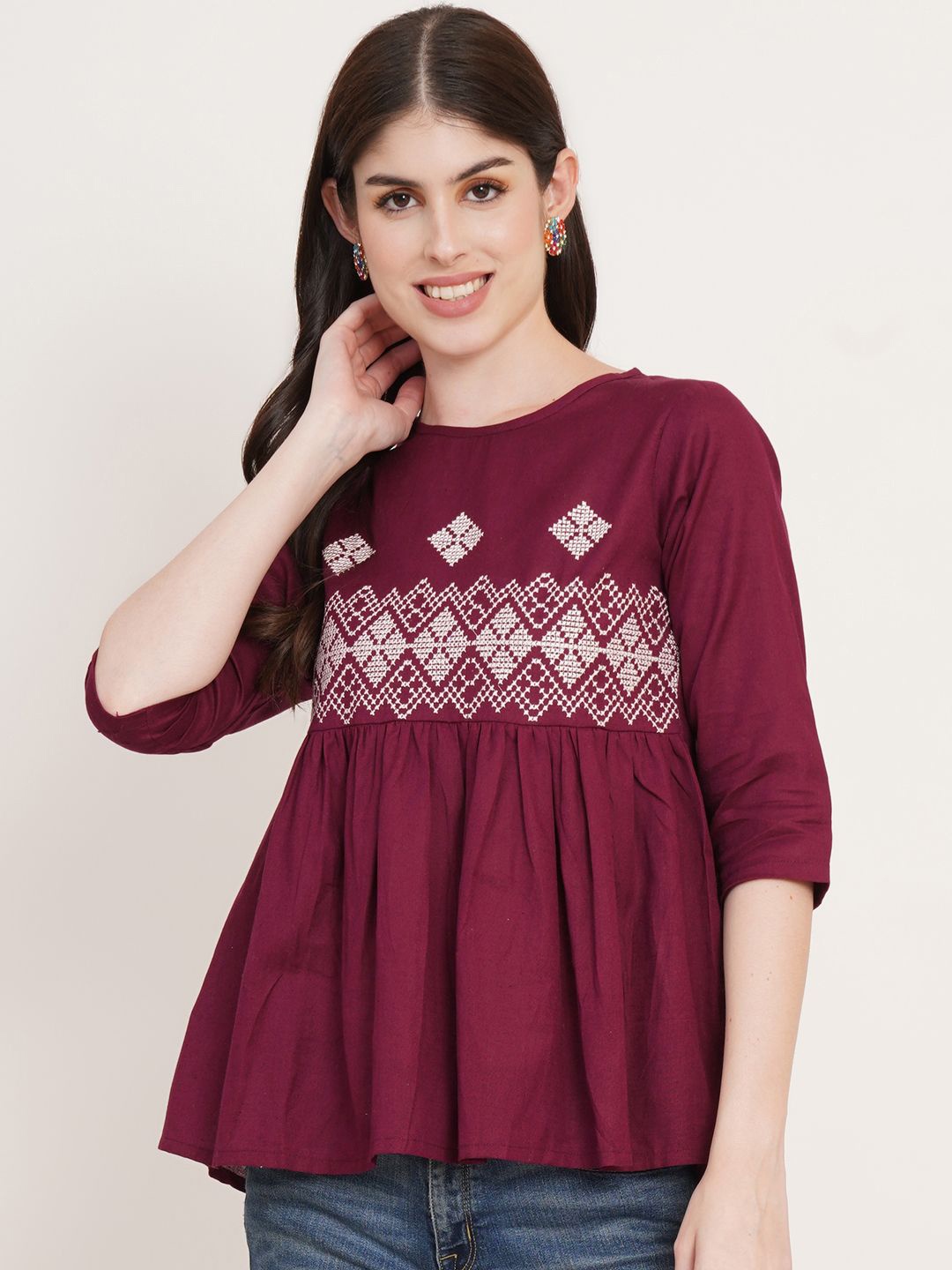 

Brownverse Women Embroidered Cotton Top, Maroon