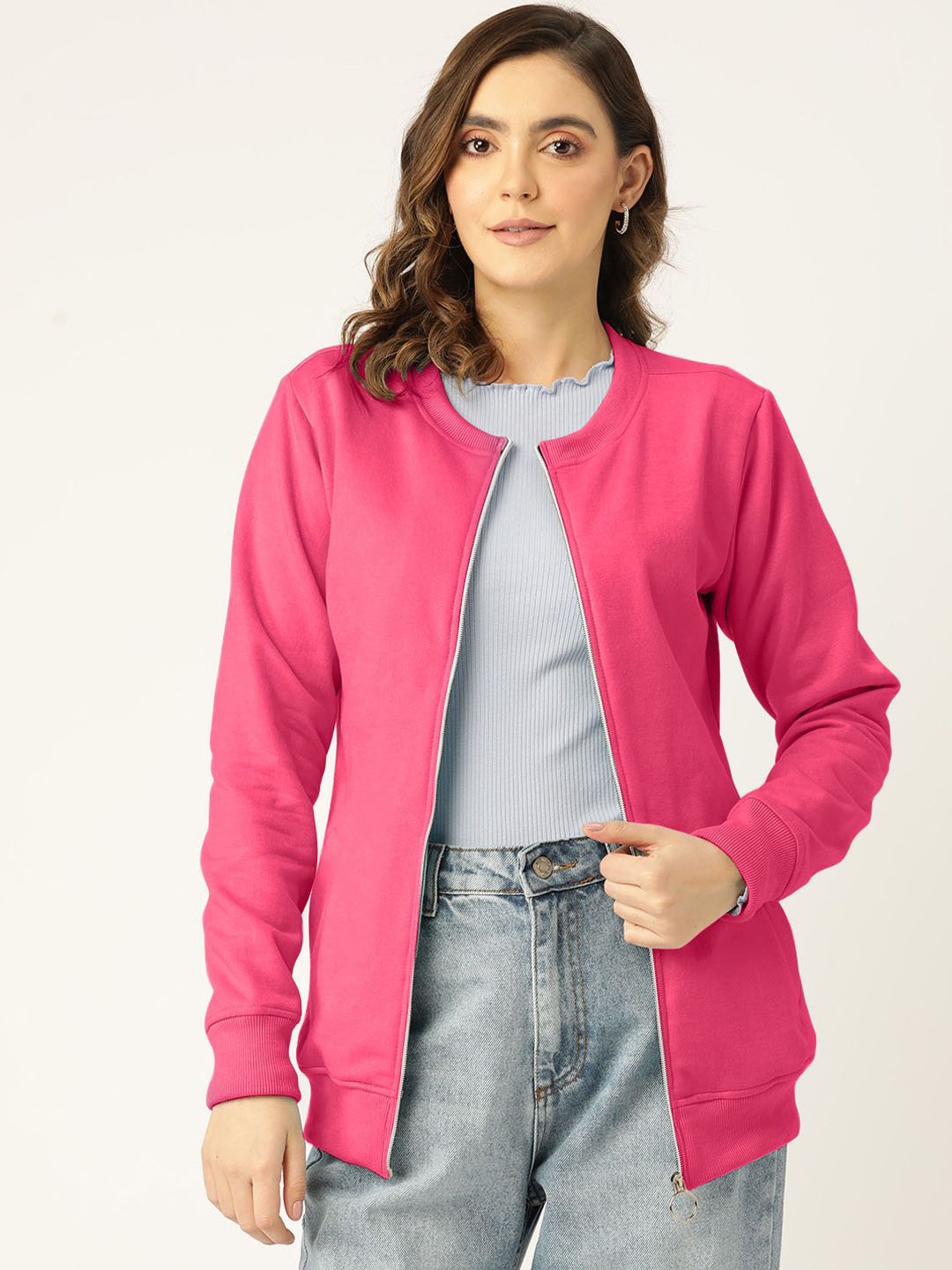 

BRINNS Women Collarless Solid Fleece Casual Bomber Jacket, Magenta