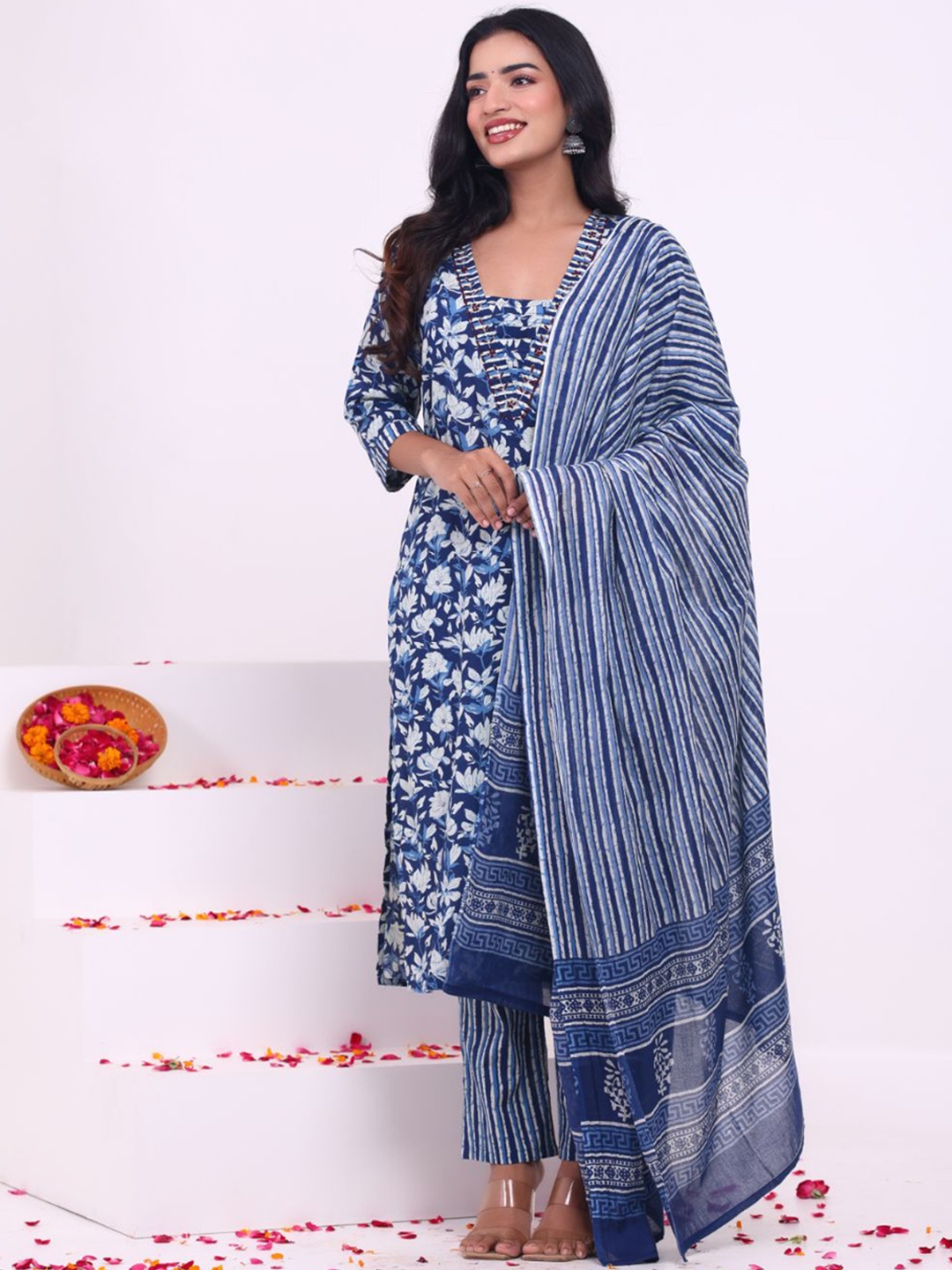 

KALINI Floral Printed Thread Work Pure Cotton Straight Kurta With Trousers & Dupatta, Blue