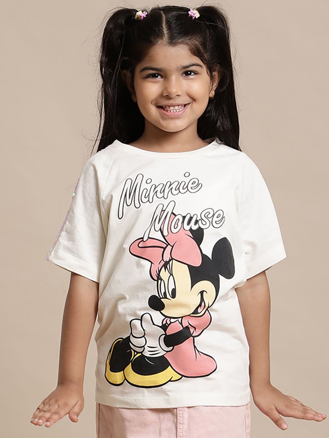 

Kids Ville Girls Mickey & Friends Graphic Printed Round Neck Cotton Relaxed Fit T-shirt, Off white