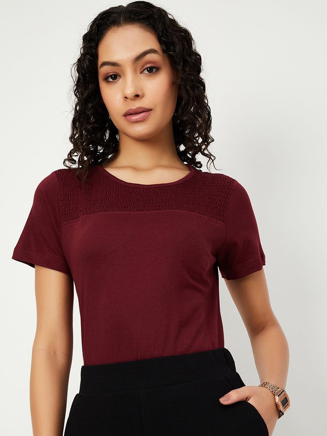 

max Women Colourblocked Round Neck Cotton T-shirt, Maroon