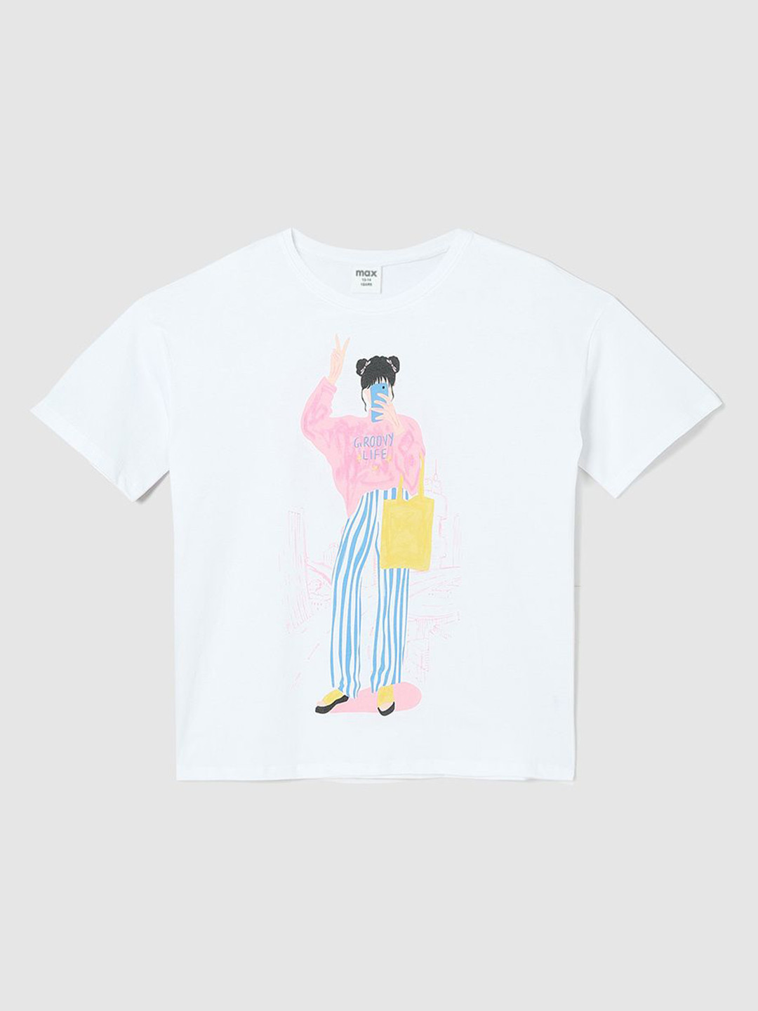 

max Girls Graphic Printed Round Neck Cotton T-shirt, White