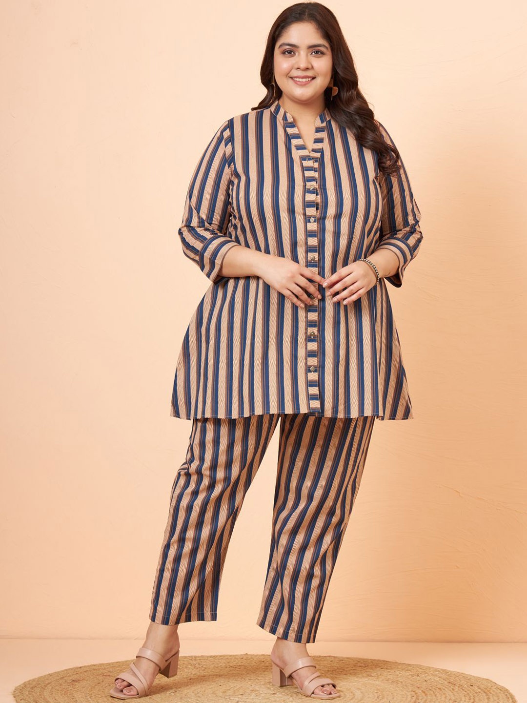 

Tissu Plus Size Striped Mandarin Collar Pure Cotton Tunic With Trousers, Brown